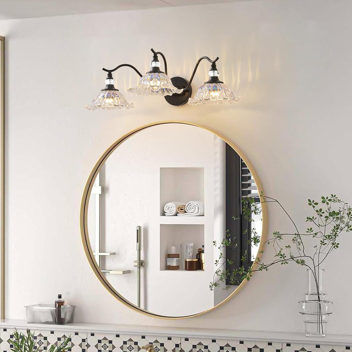 Vintage Bathroom Vanity Light Fixtures - 3 Light Iridescent Flower Glass Antique Matte Black Bathroom Lights Fixture Over Mirror,Retro High End Wall Mounted Vanity Lighting for Bath Powder Room