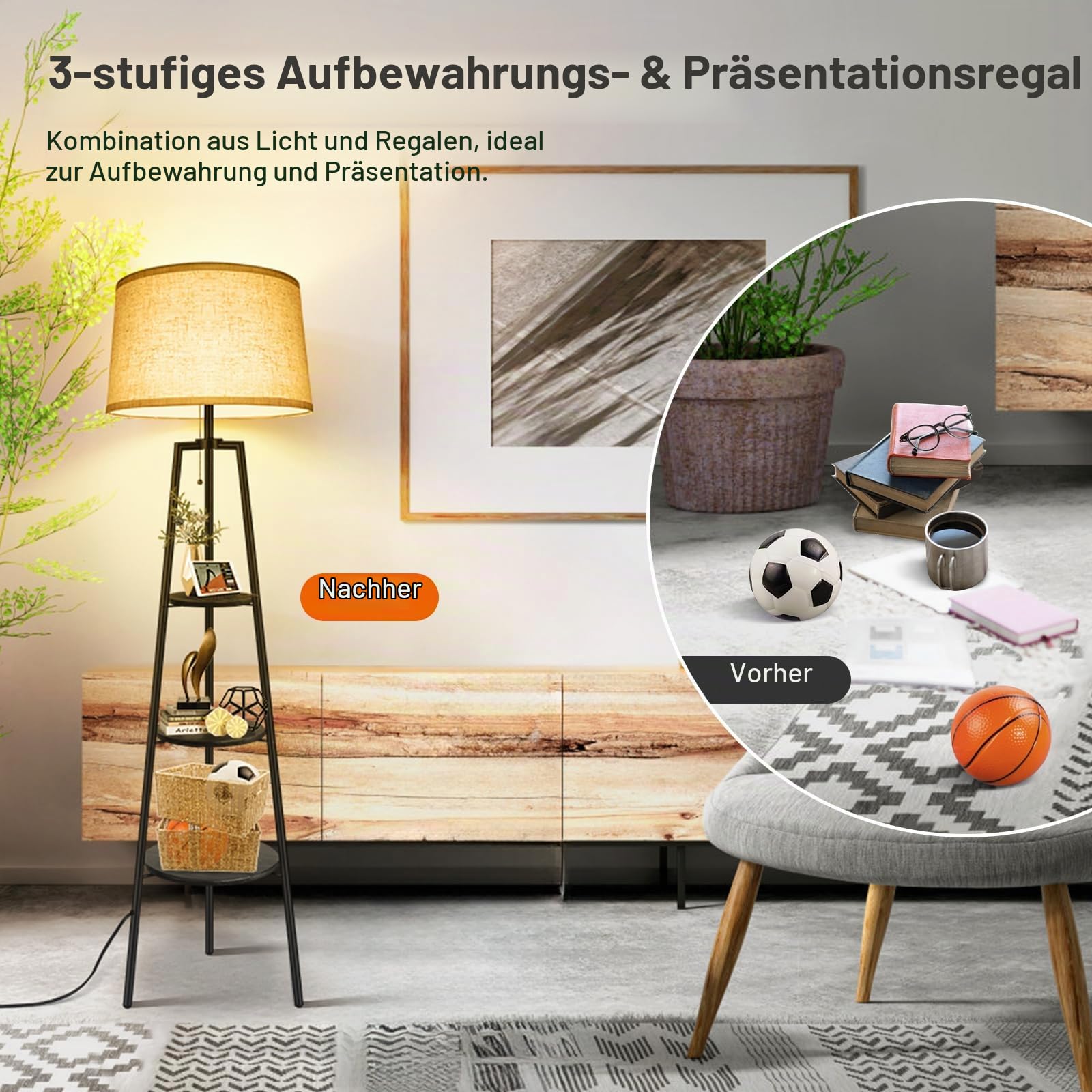 OUTON Stehlampe Wohnzimmer Dreibein mit 3 Regal, Dimmbar, Schwarz
