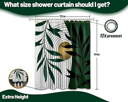 Miniatura 4 de Cortina de ducha verde oliva y dorado, cortinas de ducha bohemias modernas de mediados de siglo para decoración de baño, tela impermeable con