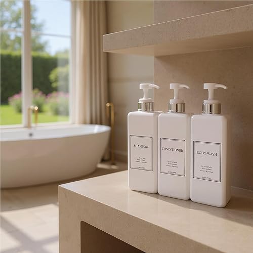 Miniatura 8 de HARRA HOME Modern Gold Design - Juego de botellas dispensadoras de champú y acondicionador recargables de 27 onzas, botellas de plástico para ducha