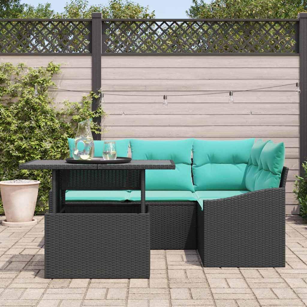 Juego de sofá de jardín con cojín, color negro y azul, modular, para terraza, balcón, jardín, salón, sofá esquinero con espacio de almacenamiento, resistente a la intemperie
