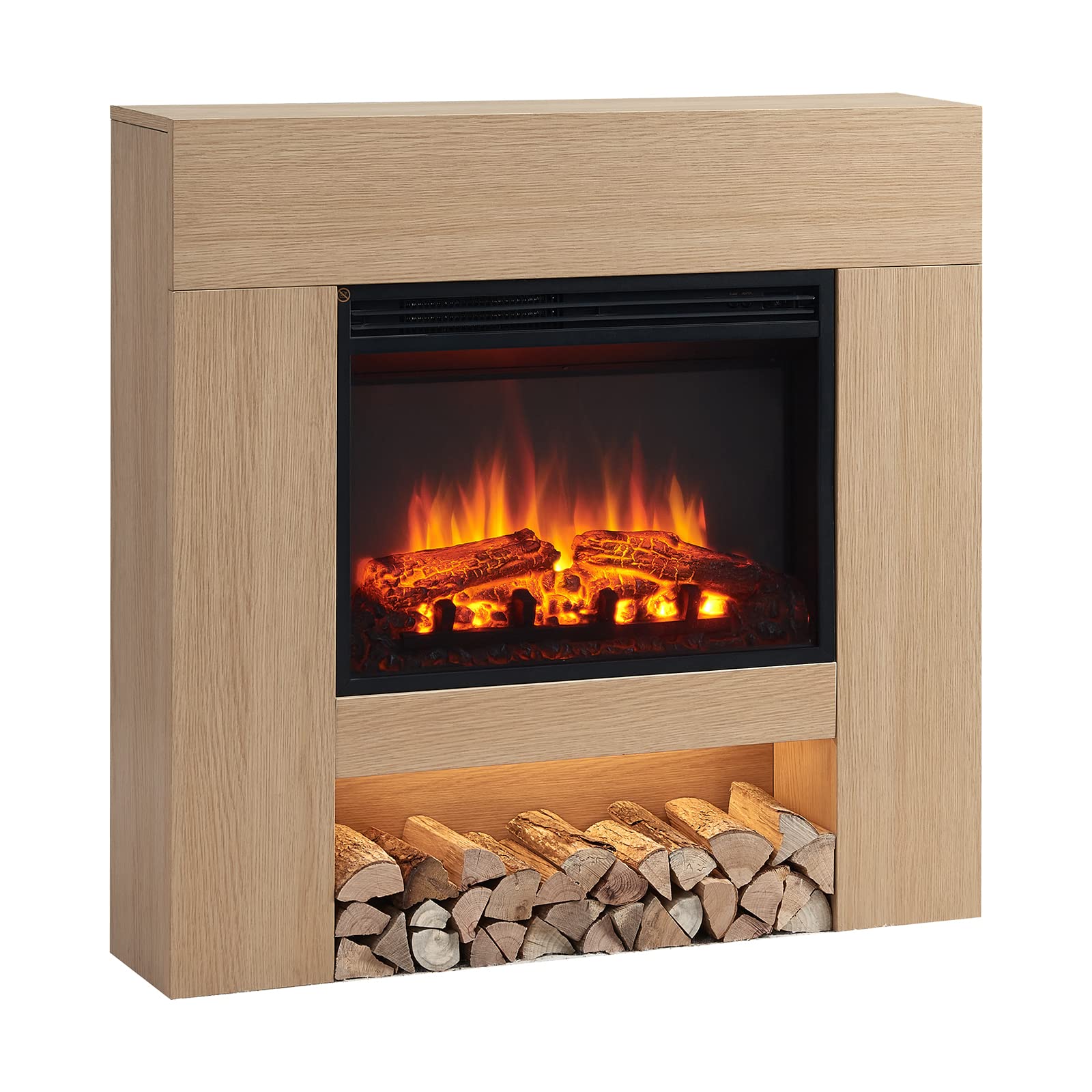 FLAMME 37" Beadell Electric Fireplace Suite Natural Oak Colour Includes 2000w Heater with Glass Fronted Flame Effect, Remote Control