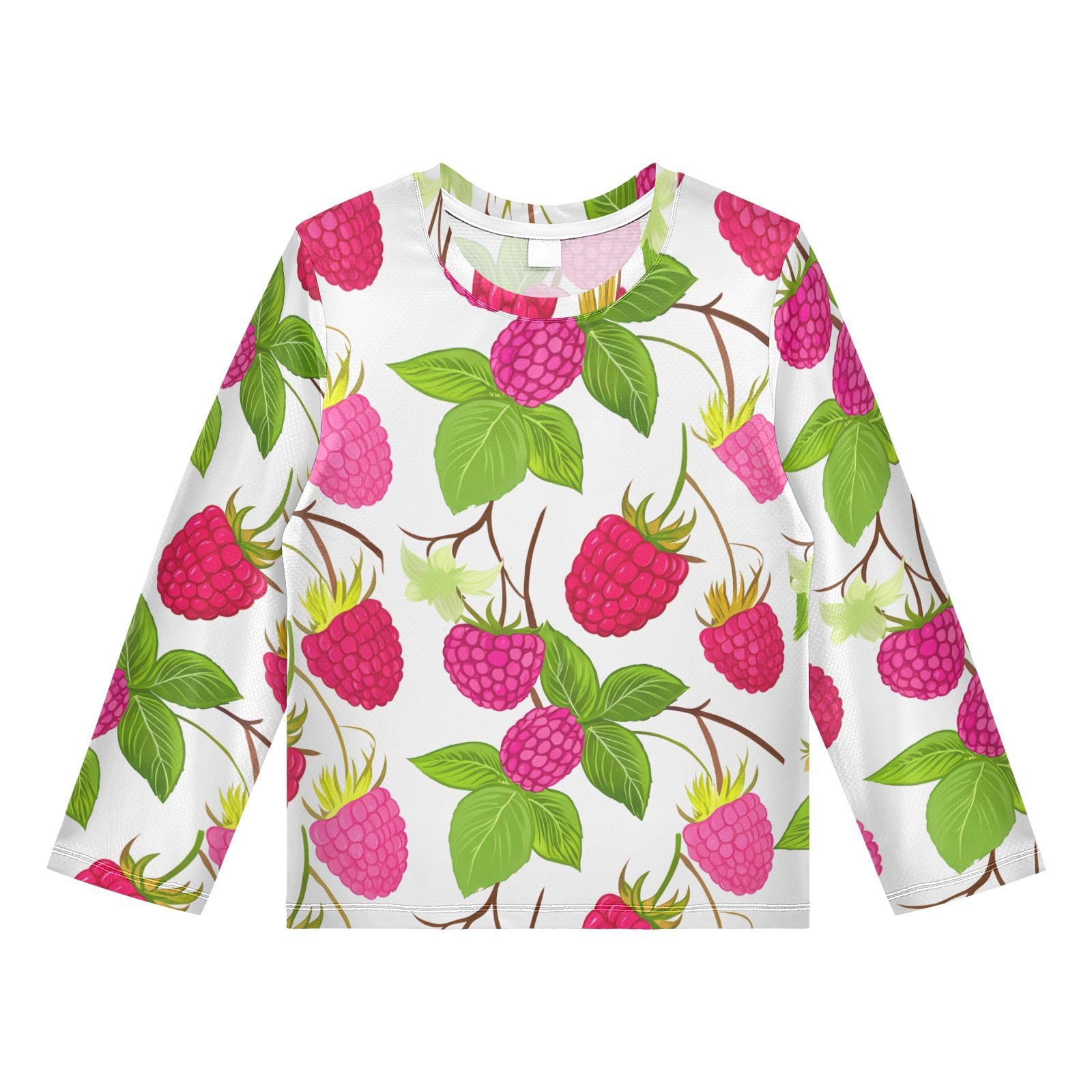 DOMIKING Raspberry Branch White Boys Long Sleeve Rashguard Shirt Kids Quick Dry Swim Shirt for Beach Pool Sport 11-12T