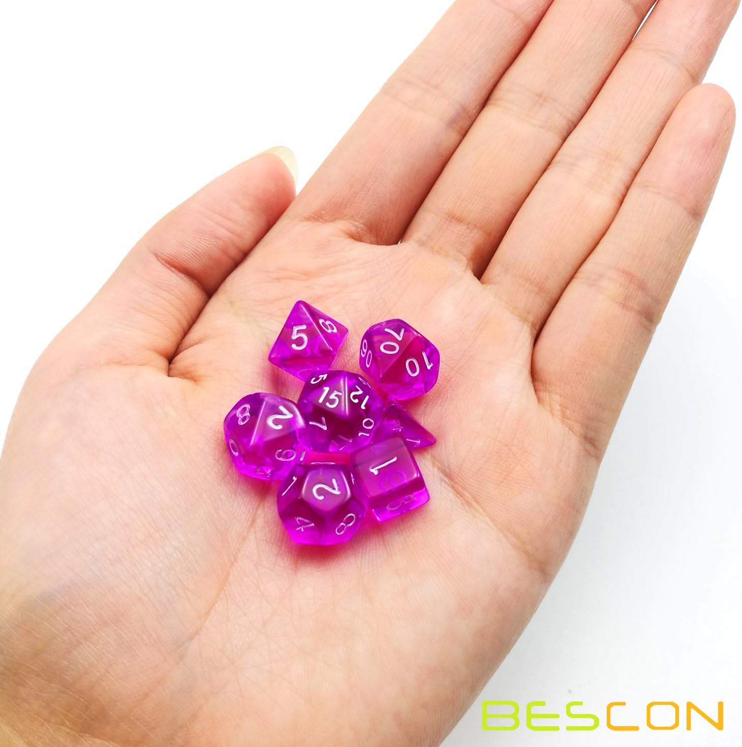 Bescon Mini Translucent Polyhedral RPG Dice Set 10MM, Small RPG Role Playing Game Dice Set D4-D20 in Tube, Transparent Purple