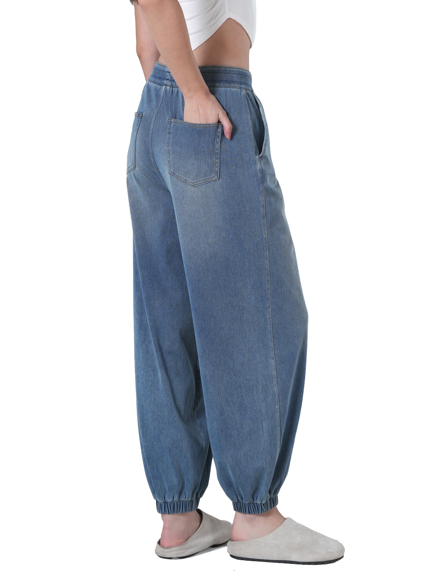 LaiEr Jogger in Denim Donna,Vita Media,Vita Elastica con Coulisse,vestibilità Conica,Stile Casual Confortevole, Jeans Morbido ed Elastico,Adatto per Sport e Yoga,Capo alla Moda per Uso Quotidiano
