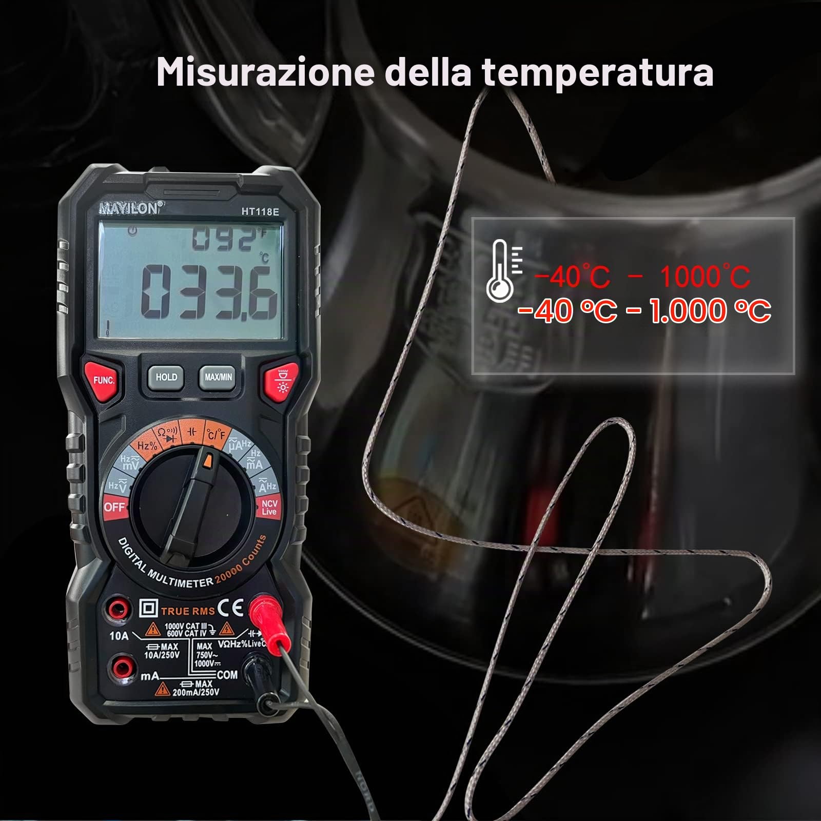 HT118E 20000 Conta Multimetro Digitale, Voltmetro Amperometro TRMS con NCV e Rilevamento di LIVE, Misura AC/DC Tensione e Corrente, Temperatura, Capacità, Resistenza, Diodi, Continuità, Frequenza