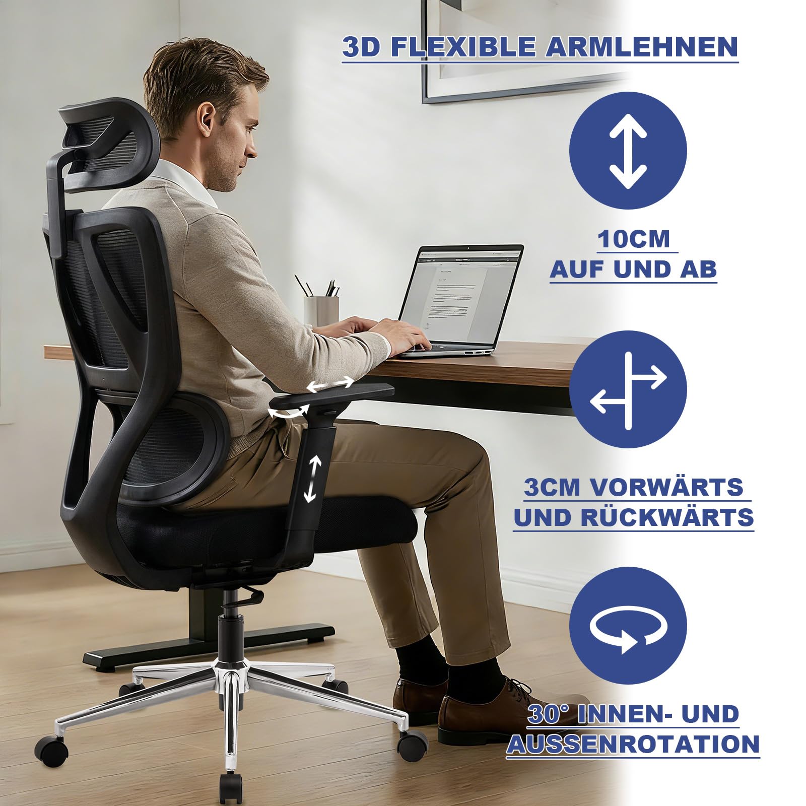 MELOKEA Bürostuhl Ergonomisch 150 kg, Federkern-Sitzpolster | Schreibtischstuhl für Homeoffice und langes Sitzen mit dynamischer Lendenstütze, 3D-Armlehnen und EN1335