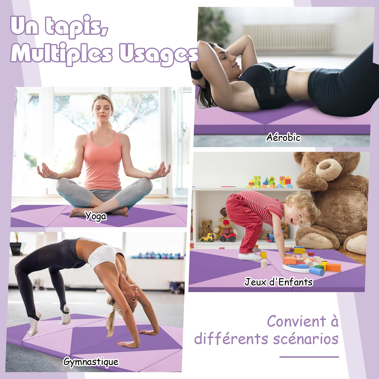 GYMAX Tapis de Gymnastique Pliable Épais 240x116x5cm, Combinaisonable avec Attaches Auto-Agrippante, Portable avec Poignée de Transport, pour Fitness, Exercice, Yoga, Étirement, Pilate