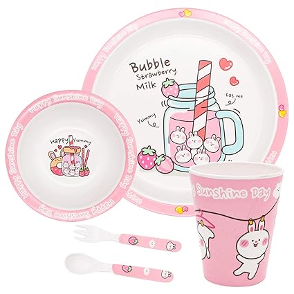 Stehlen Kids Dinnerware Set, 100% Melamine, Food Dinner Set, Bugs Bunny Theme, (Plate, Bowl, Glass, Spoon, Fork) Feeding Tableware Set for Kids, Dinner Set for Toodlers, FDA Approved- Bugs Bunny