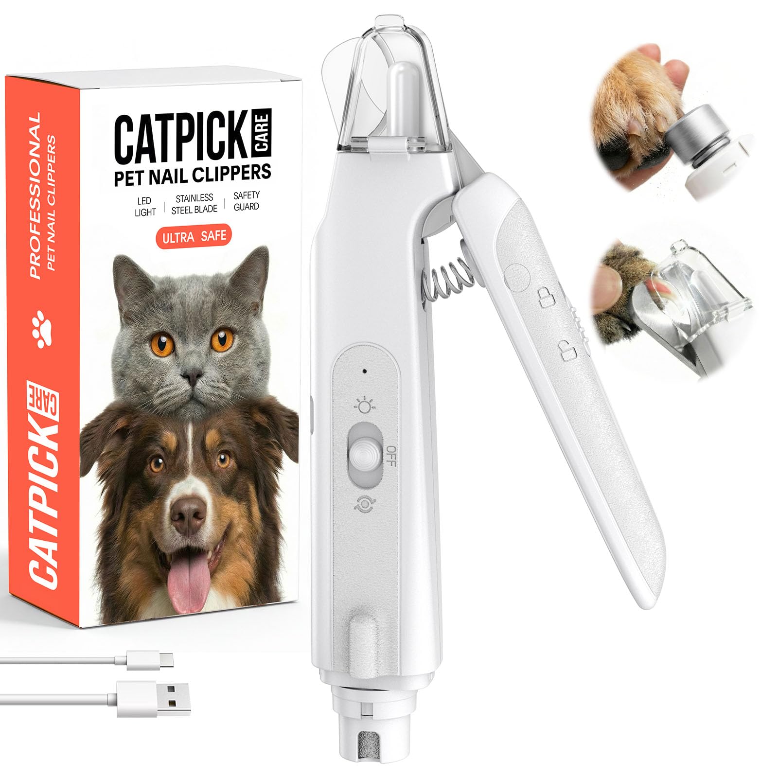 2-in-1 Dog & Cat Nail Clipper with Grinder - Dual Highlight LED Reduce Over-Trimming, Long Battery Cordless USB-C Rechargeable, Safety Lock & Catcher Cap, Quiet Home Grooming for Small Large Pets