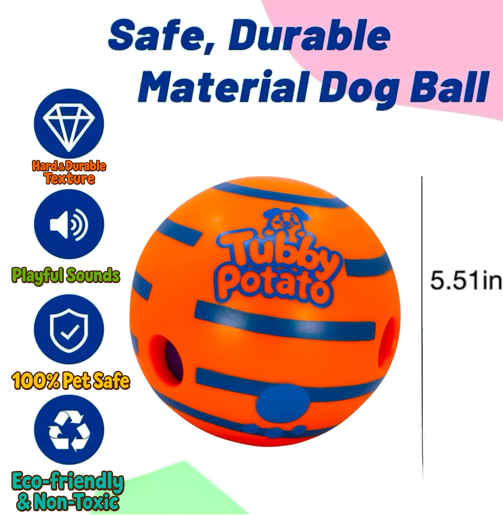 Tater Tumbler Sound Ball, giocattolo interattivo per cani, suoni divertenti quando viene arrotolato o scosso.