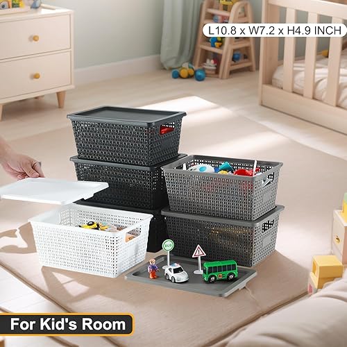 Miniatura 5 de Cestas de almacenamiento de plástico con tapas, apilables con tapas para despensa, armario, dormitorio y estantes, caja de organización duradera