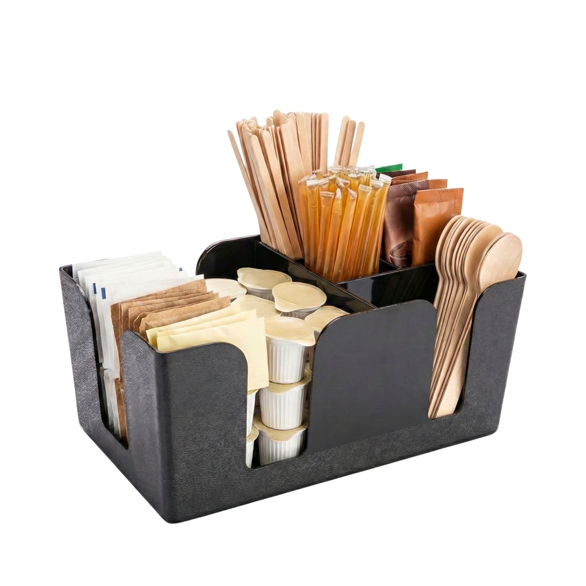 Restaurantware Bar Lux 9.5 x 5.8 x 4.2 Inch Bar Caddy 1 Pebbled Napkin Holder - 6 Compartments Organize Straws Napkins Or Condiments Black Plastic Bar Organizer For Homes Bars Or Offices