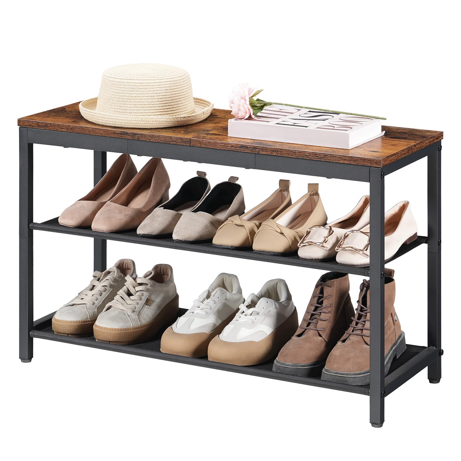 HOOBRO Shoe Bench, 3-Tier Shoe Rack Bench with Oxford Fabric Shelves, 29.5" L Shoe Storage Shelf Organizer, Entryway Bench Holds 6-8 Pairs of Shoes,