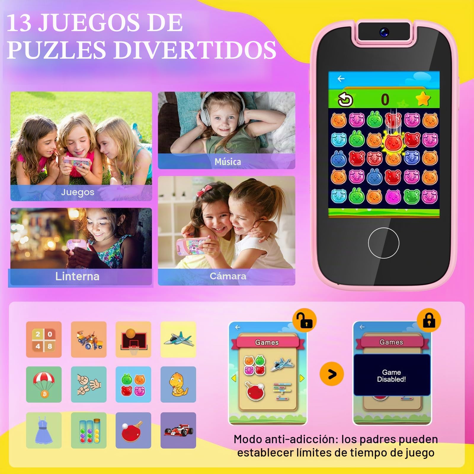 Dhapy Teléfono móvil para niños, pantalla táctil, reproductor MP3 con doble cámara, niños y niñas, regalo de cumpleaños, teléfono de aprendizaje, juguete a partir de 3, 4, 5, 6, 7, 8 años, con tarjeta