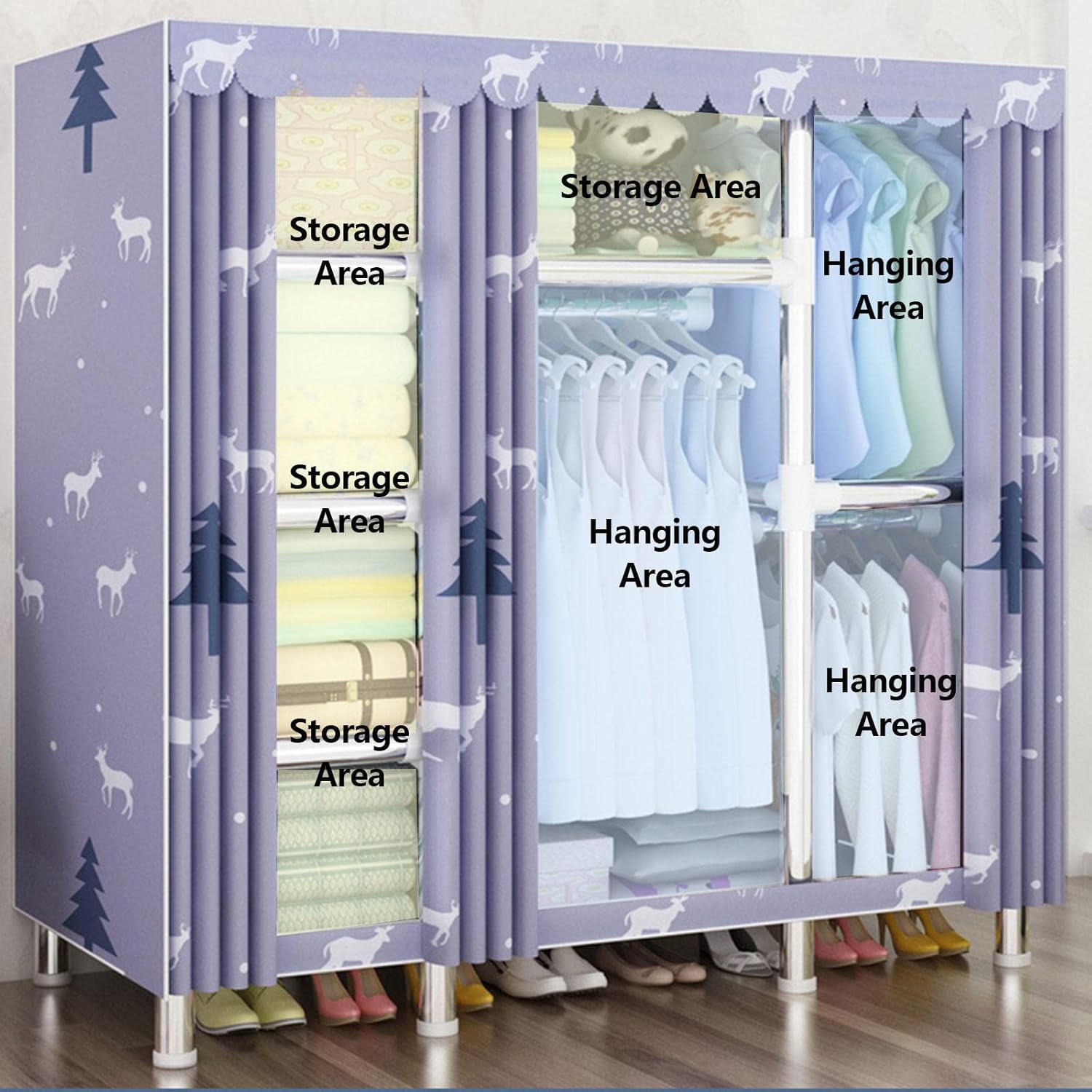Wardrobe, Portable Wardrobe Shelves with Hanging Rail and Shelves, Clothes Closet Storage Organizer for Clothes, Bags, Shoes,D-170x45x170cm