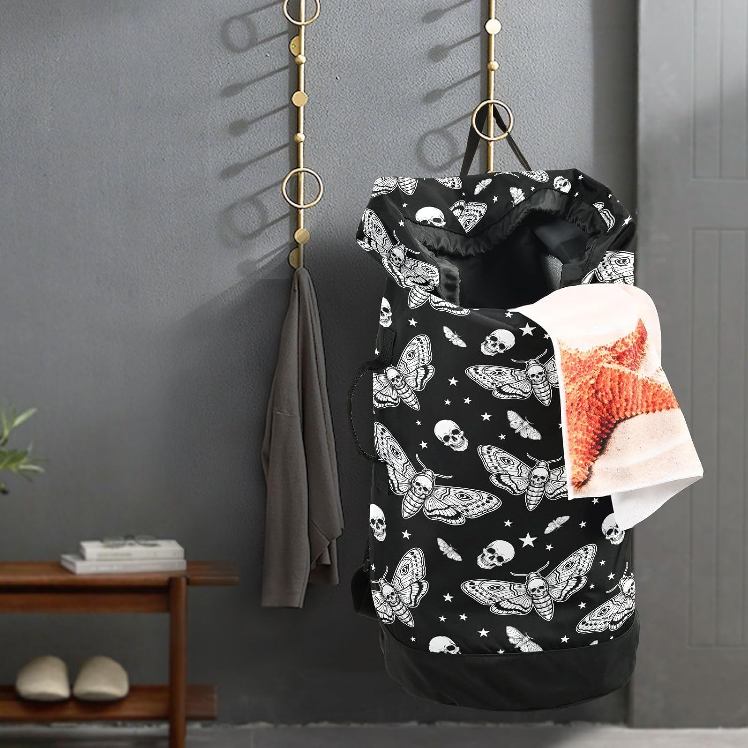 Gothic Butterfly Skull Laundry Bag Backpack Dirty Clothes Organizer With Strap and Handles Washable for College Dorm Room Essentials for Girls