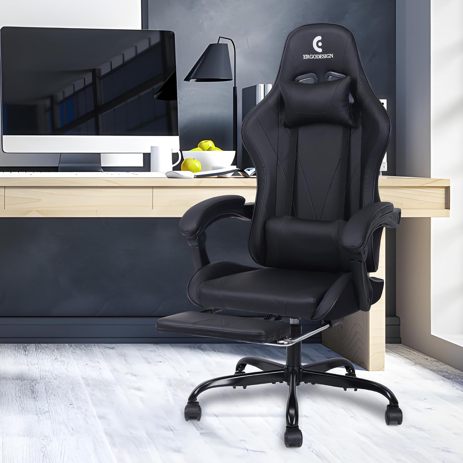 Gaming Chair with Linkage Armrest & Footrest, High Back Video Gaming Chair, Black - Image 2