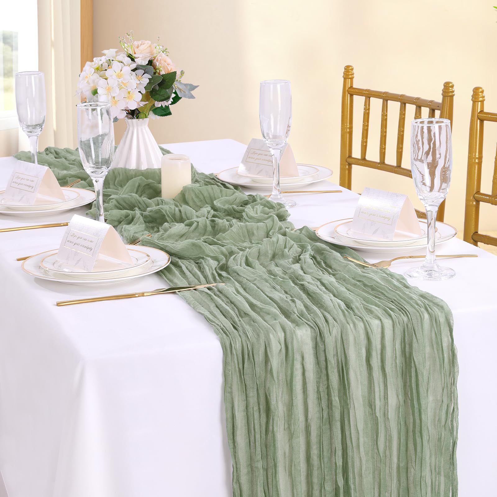 Runner Da Tavola In Garza Famibay - Verde Salvia, 80x300 Cm, Per Matrimoni, Decorazione Rustica - Foto 8