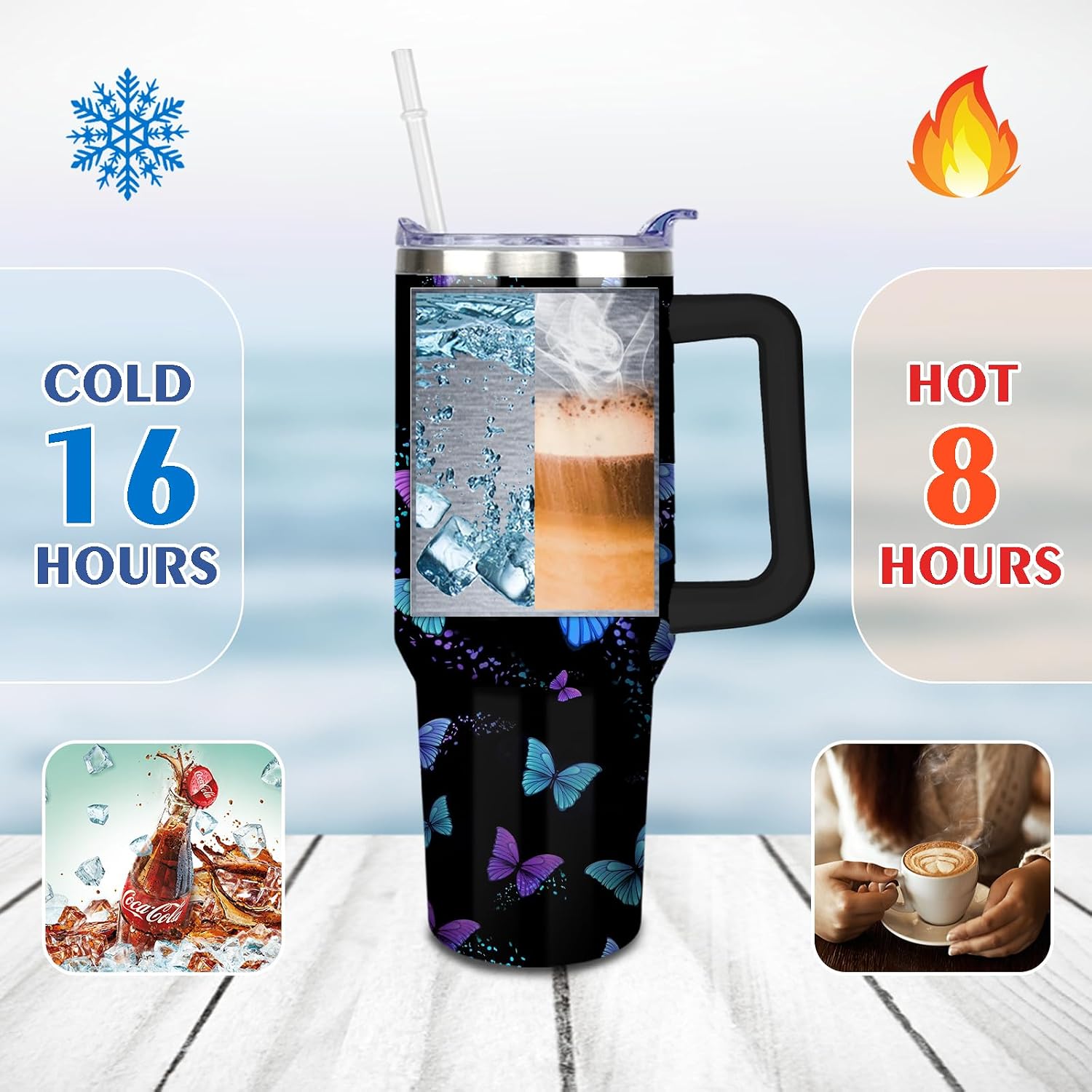 Butterfly Tumbler with Lid and Straw, Stainless Steel 40oz Tumbler with Handle, Butterflies Travel Coffee Mug Water Bottle, Butterfly Gift Cups for Women and Girls