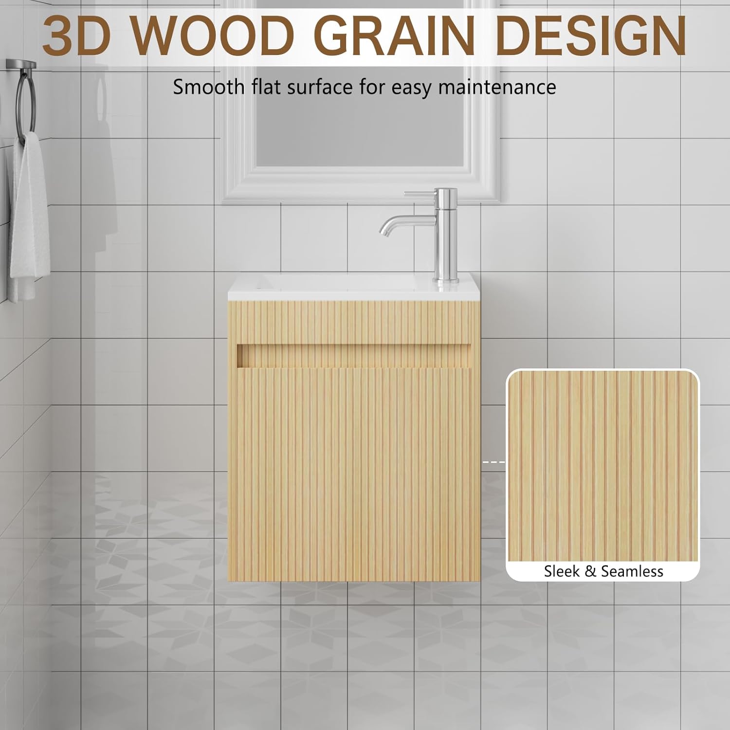 wonline 16" Small Floating Bathroom Vanity Sink Combo, Wall Mounted Narrow Single Cabinet with Resin Basin Sink Top, Water Saving Chrome Faucet & Pop-Up Drain