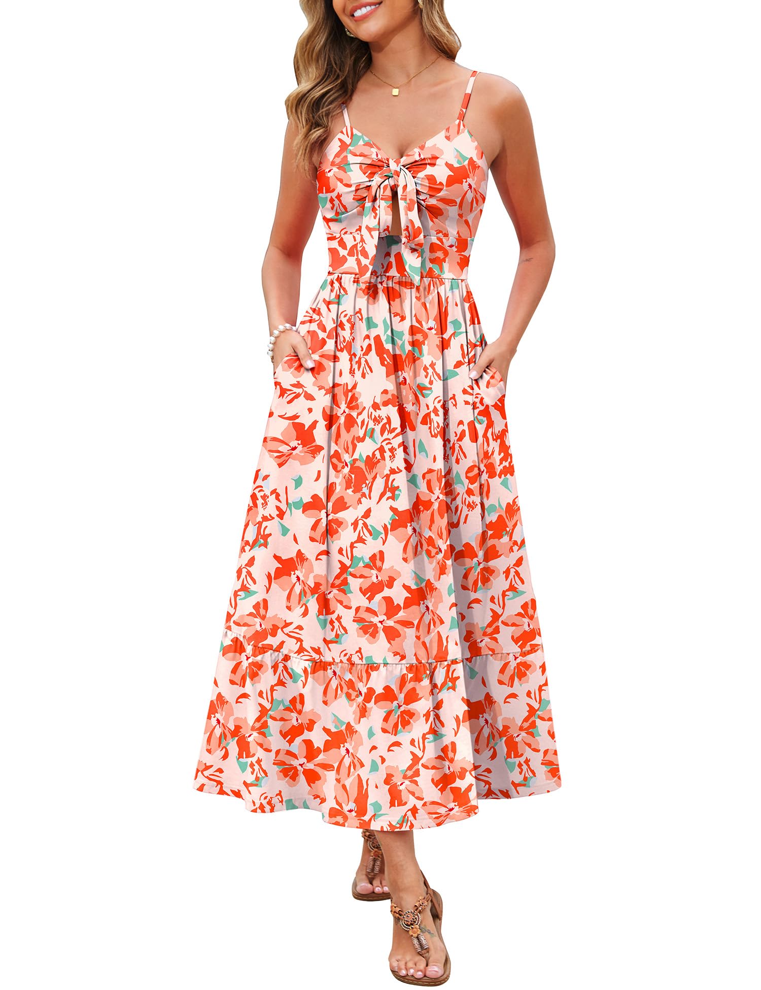 Kranda Women 2026 Summer Sundress High Waist Tie Front Spaghetti Strap Long Beach Floral Tiered Maxi Dress with Pockets