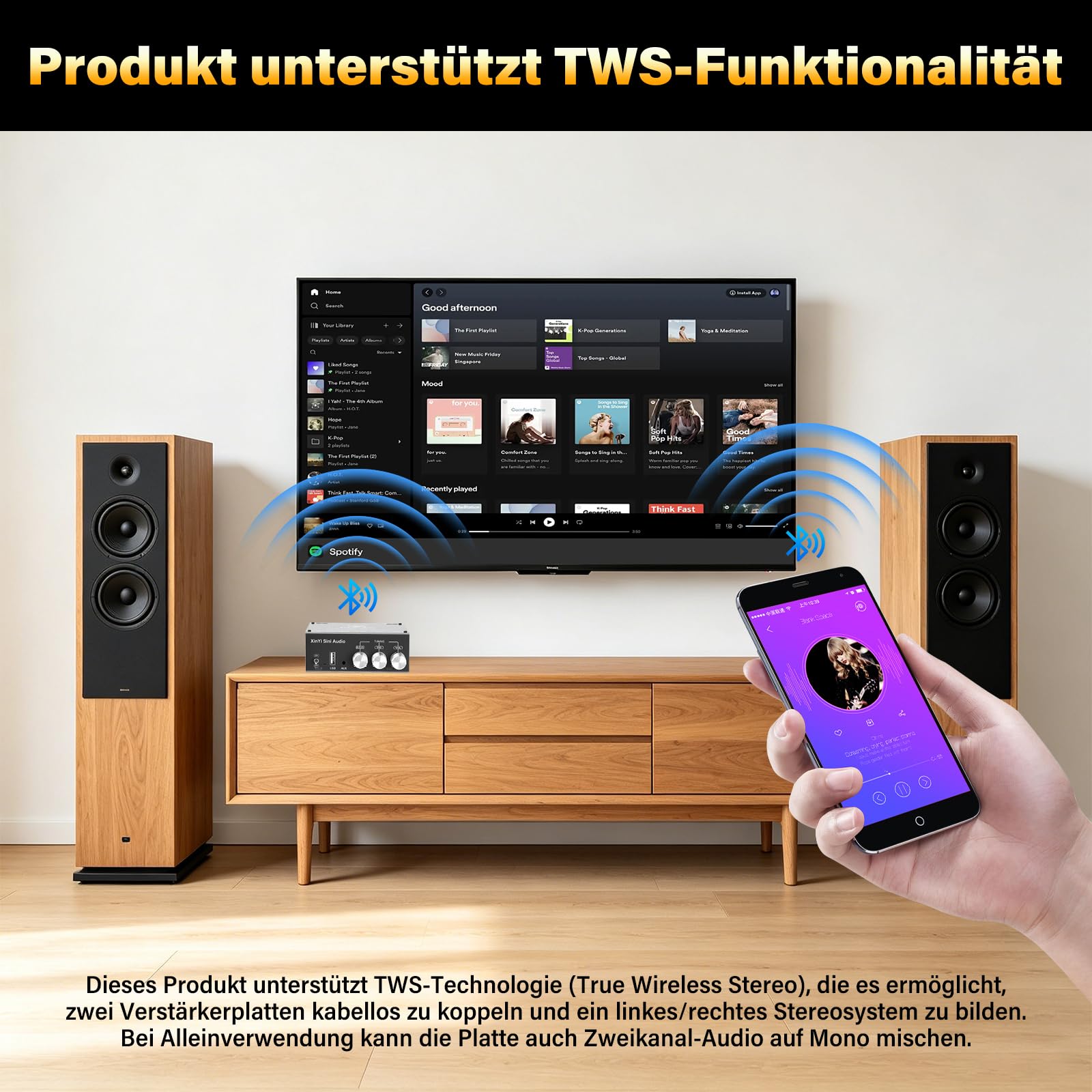 HiFi Verstärker Modul mit Bluetooth 5.0, 600W Subwoofer TWS Mono Digital Stereo Audio Verstärker Board TPA3255 Chips, AAC/SBC, DC 19-51V/10A, BT 5.0/USB/AUX, für DIY Lautsprecher