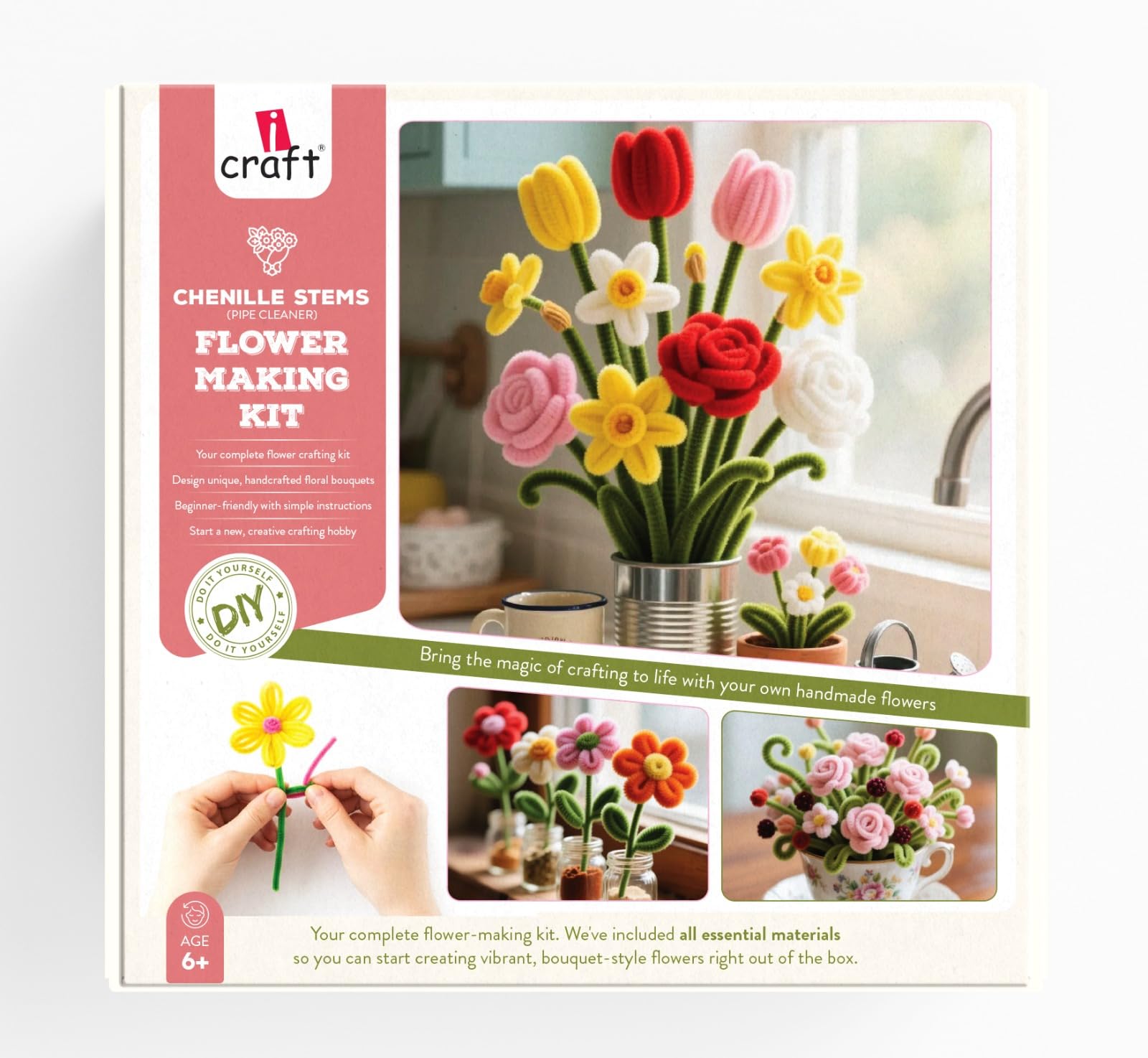 iCraft Chenille Stems Flower Making Kit - Complete DIY Pipe Cleaner Bouquet Set - Includes Roses, Tulips & Daisies - Creative Floral Craft for Beginners & Kids - Age 6+-image-13