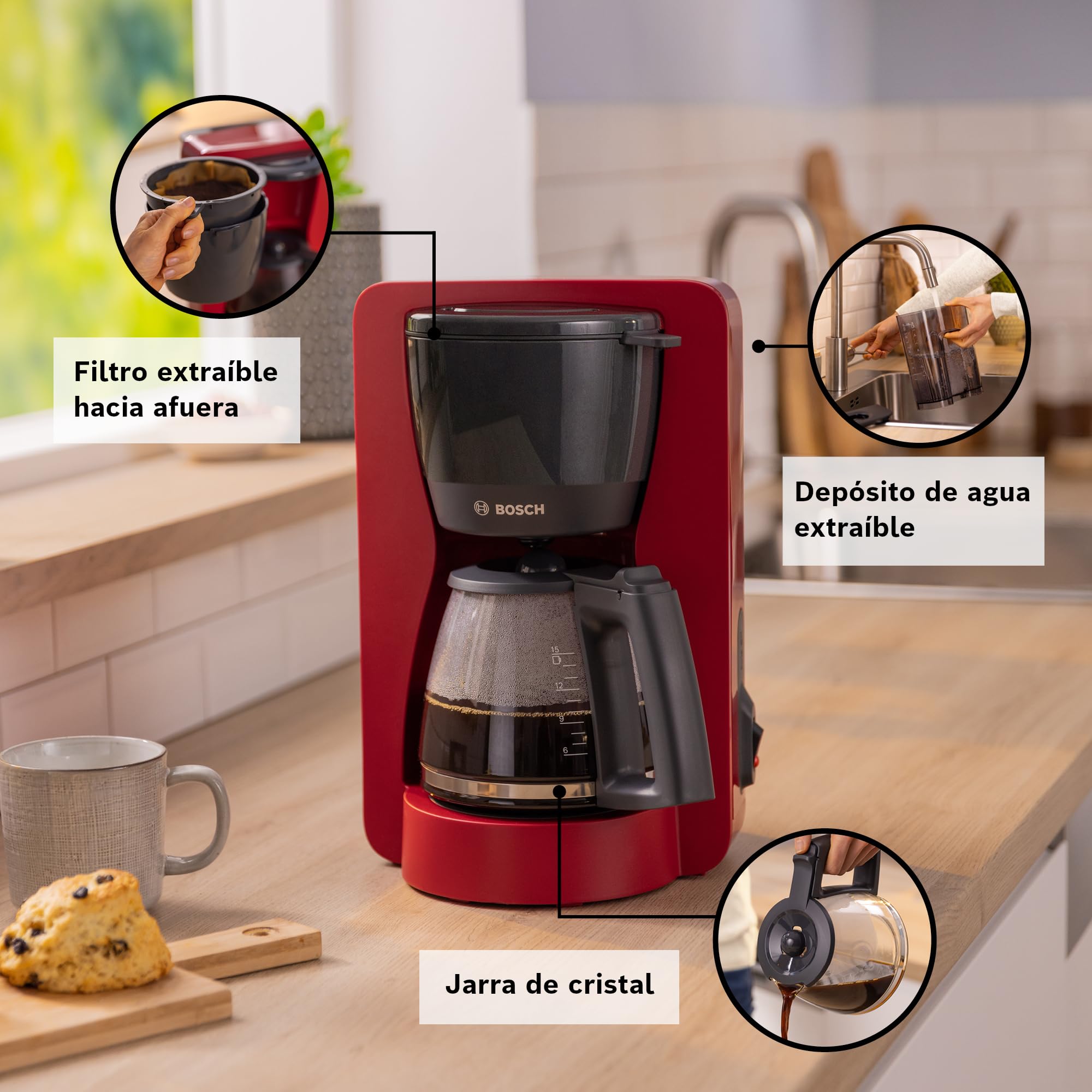 Bosch - Cafetera de Goteo, Jarra de Cristal Ergonómica, Depósito de Agua Extraible, Filtro Extraible, Apagado Automático, Anti Goteo, Rojo, TKA2M114