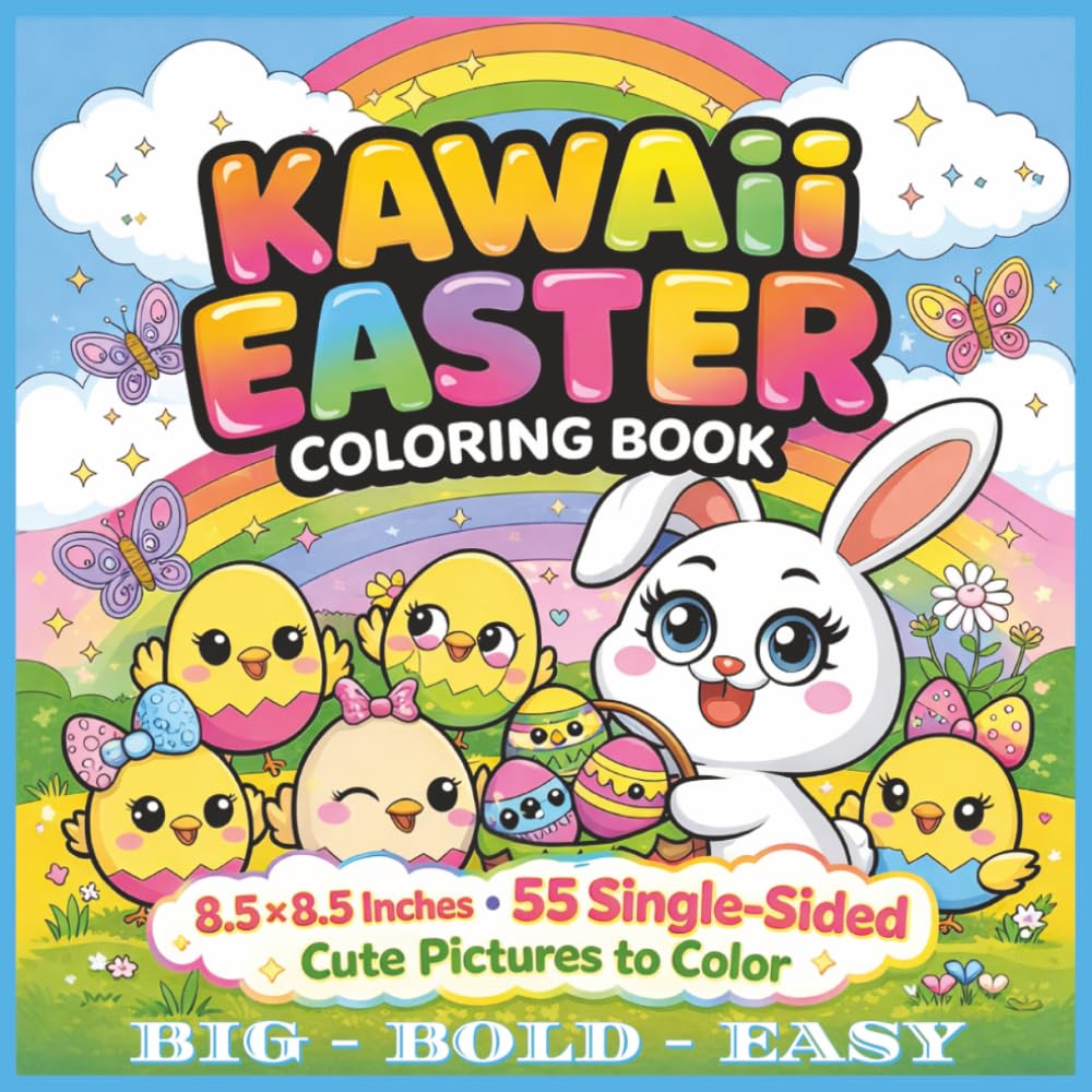Kawaii Easter Bold and Easy Single-Sided Coloring Book: Adorable Kawaii Easter Characters, Bunnies, Chicks & Eggs — Bold and Easy Designs for Stress-Free Coloring Fun for Kids, Teens, and Adults...