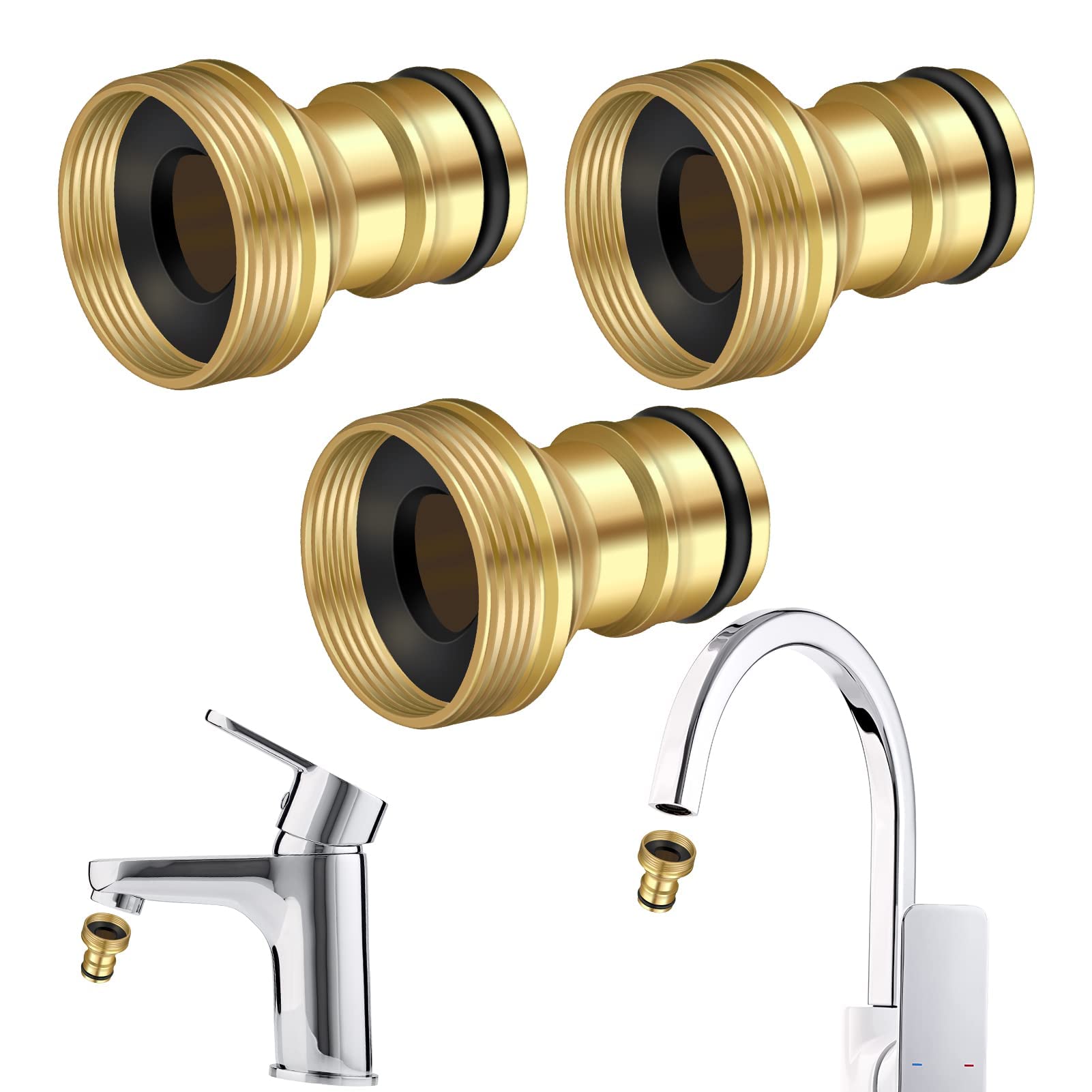 SANMUGEED 3 Pcs Tap Connector, Tap Hose Connector fitting for 1/2 Inch (21mm) Brass Garden Hose Connectors Universal Kitchen Tap Connector Mixer Hose Pipe Tap Adapter Leakproof and Anti-Rust