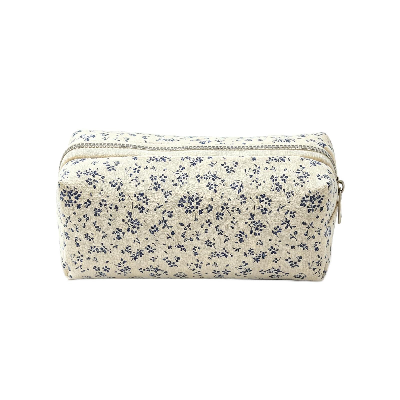 Floral Pencil Case for Girls, Large Capacity Canvas Pencil Cases，Blue