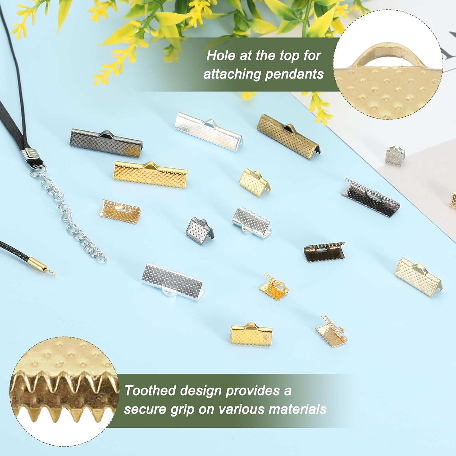 PATIKIL 6mm/8mm/10mm/13mm/16mm Ribbon Ends Crimp Clamp 300pcs Pinch Crimp End Bracelet Bookmark Cord Ends Fasteners Clasp for Leather DIY Craft Jewelry Making Deep Gold/White K image 3