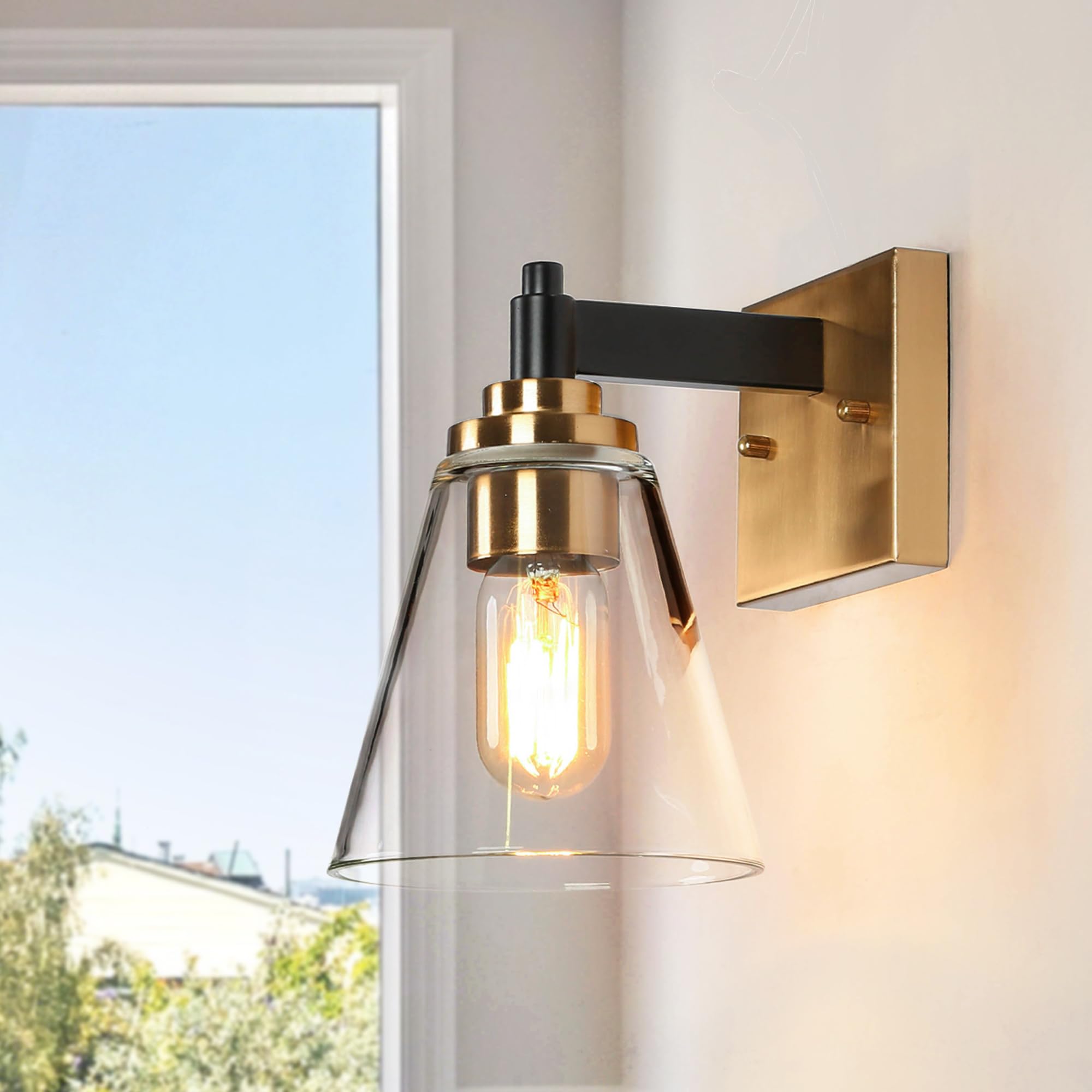 KSANA Wall Sconces, Black and Gold Wall Lights for Bedroom, Wall Mounted Lamps with Flared Glass Shade for Living Room, Bathroom,