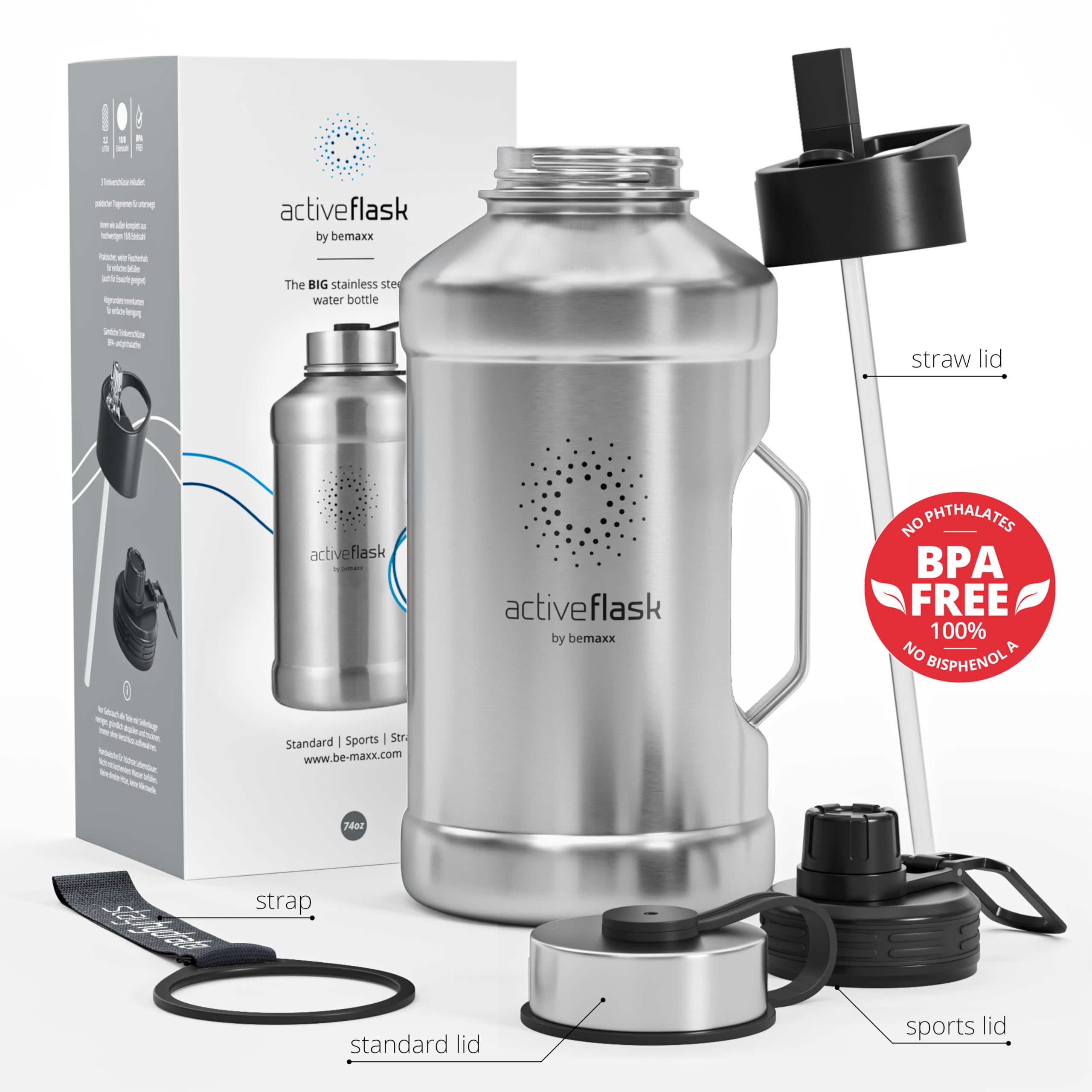 Borraccia in acciaio inox Active Flask + cannuccia (3 tappi) | 1,3/2,2 litri bottiglia sportiva senza BPA a prova di perdite per bibite gassate, 2l XL bottiglie Sport Outdoor Palestra Acqua