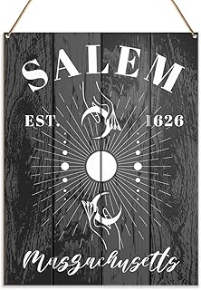 Witch Wall Art Decor, Halloween Witches Decorations Hanging Sign for Gothic Home Front Door Porch Witchy Decor Black Wooden Plaque, Salem Massachusetts 8"x10"