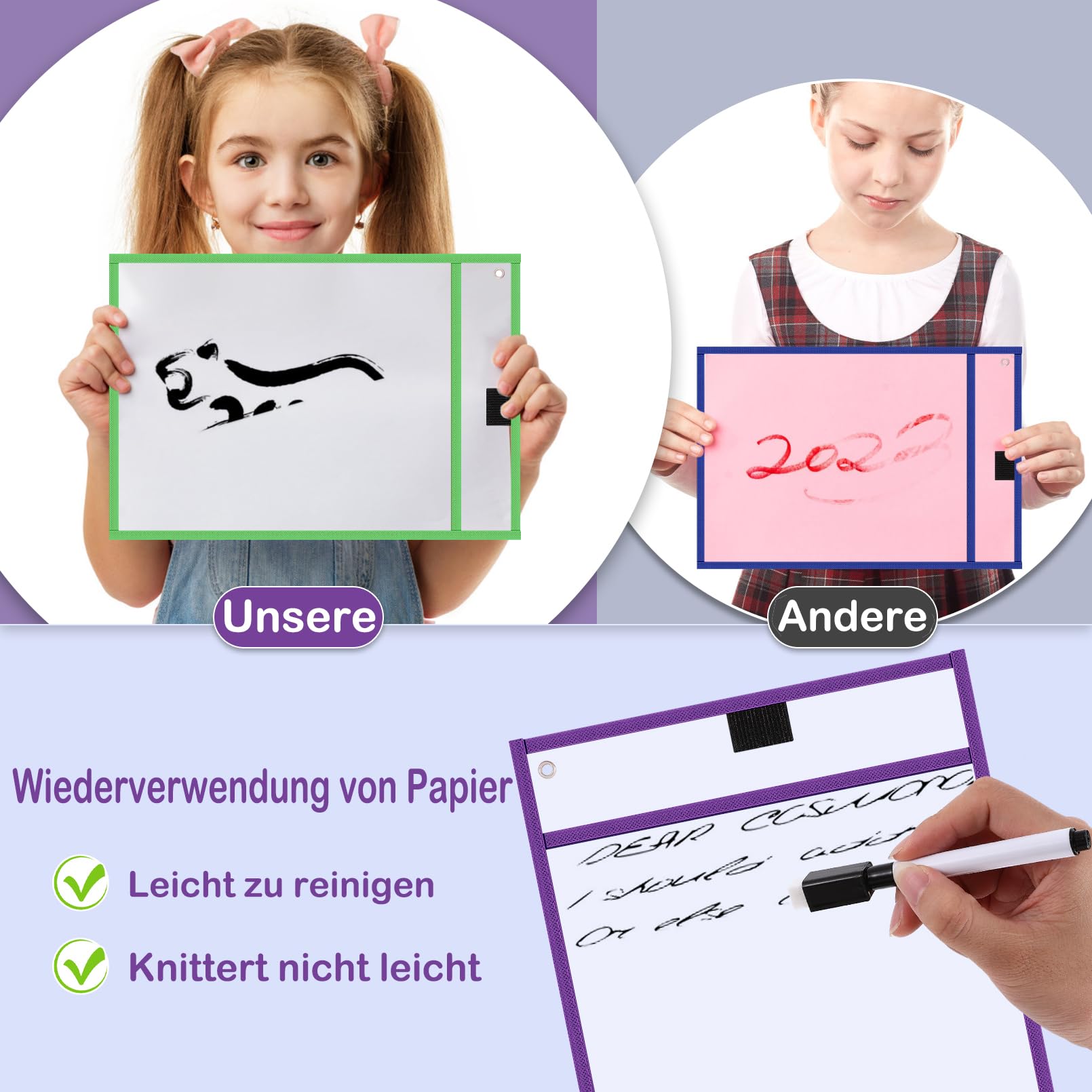 Jeffbaubl 30 Stück Dry Erase Taschen, Wiederverwendbar Trocken Abwischbare Taschen,10 Farben Dry Erase Pockets, Abwischbare Durchsichtige Hüllen, Schreibwaren Lieferungen für Büro und Schule