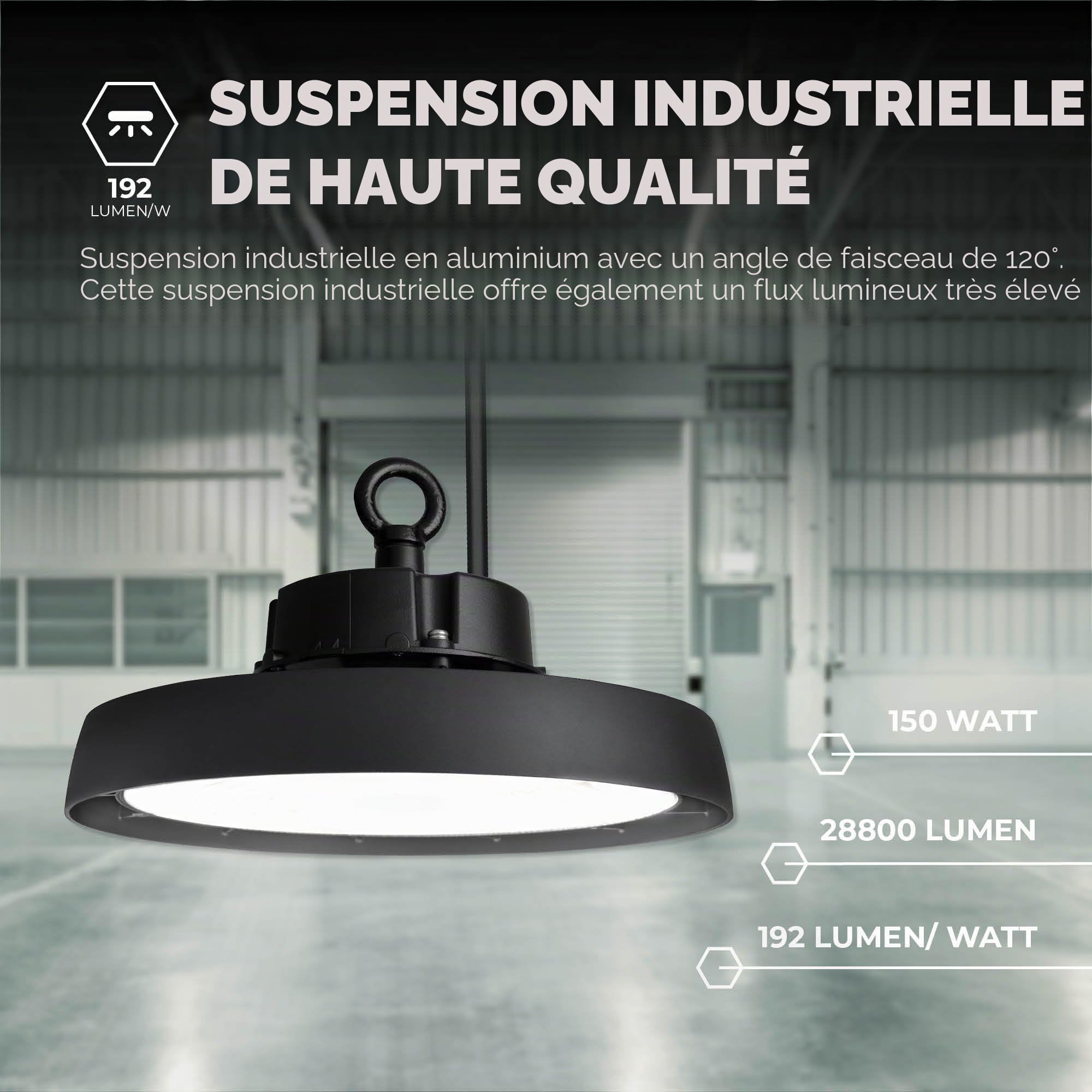Ledvion LED High Bay Projecteur IP65 150W 192 lm 4000K 192lm dimmable | Pour entrepot atelier zone de production et salle de sport avec controle flexible
