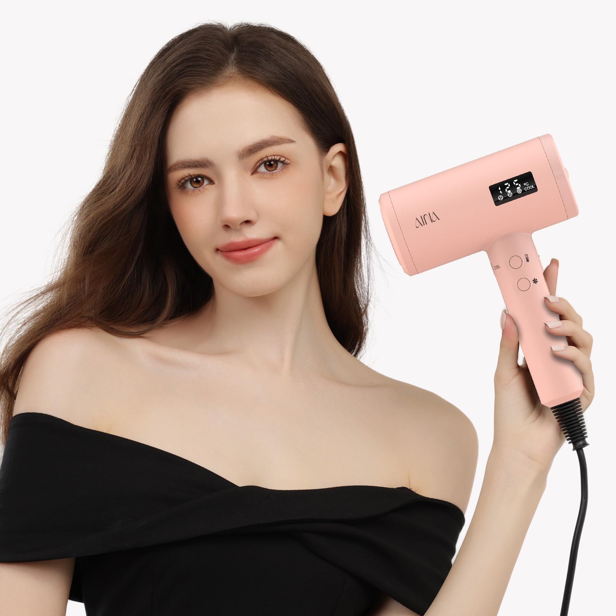 Secador de pelo AINA Pro Salon (nueva tecnología),2300W con peine difusor para mujeres | BLDC | Motor sin escobillas de 150,000 rpm | Iónico | Pantalla LED | 4 accesorios magnéticos 230V/EU(rosa)