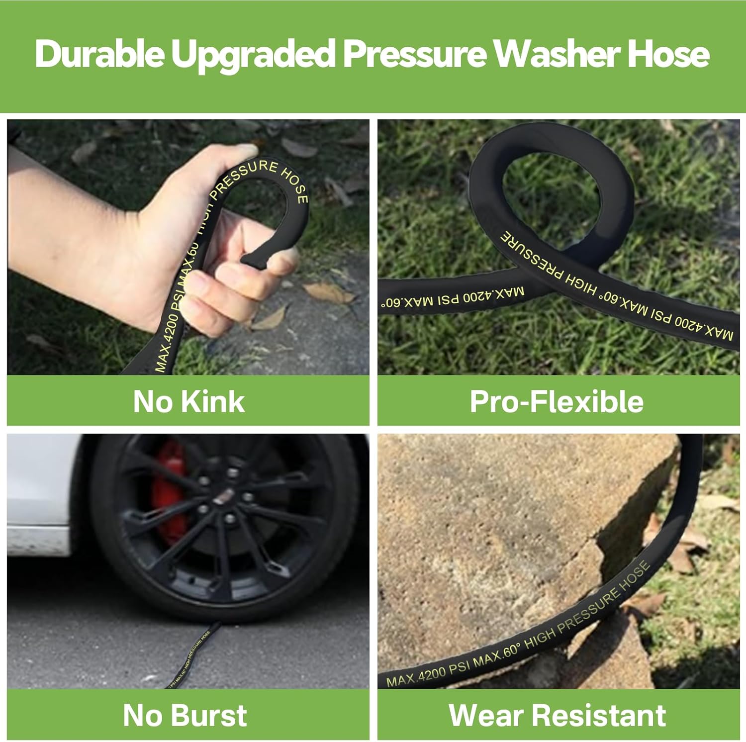 Pressure Washer Hose 50 FT, 1/4'' Kink Resistant Power Washer Hose Max 140°F, Commercial Industrial Grade Steel Wire Braided Kink Proof Extension Hose, Black