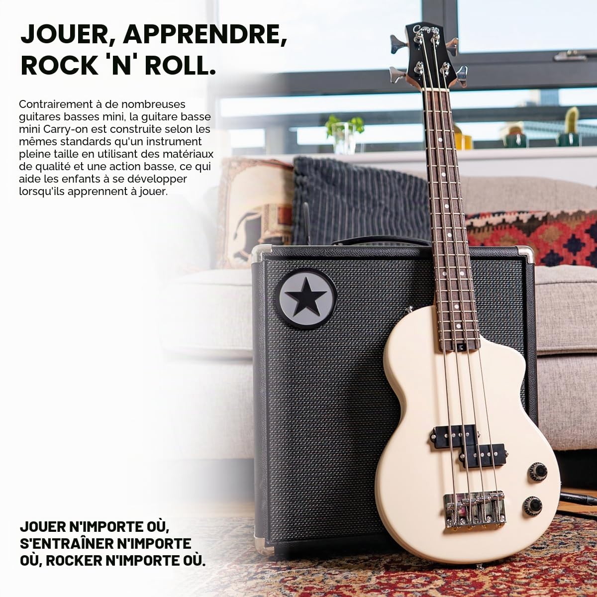 Carry-on By Blackstar Mini-Guitare Basse Electrique, Parfait pour les Enfants et les Adultes, les Débutants et les Voyages Classique Blanc