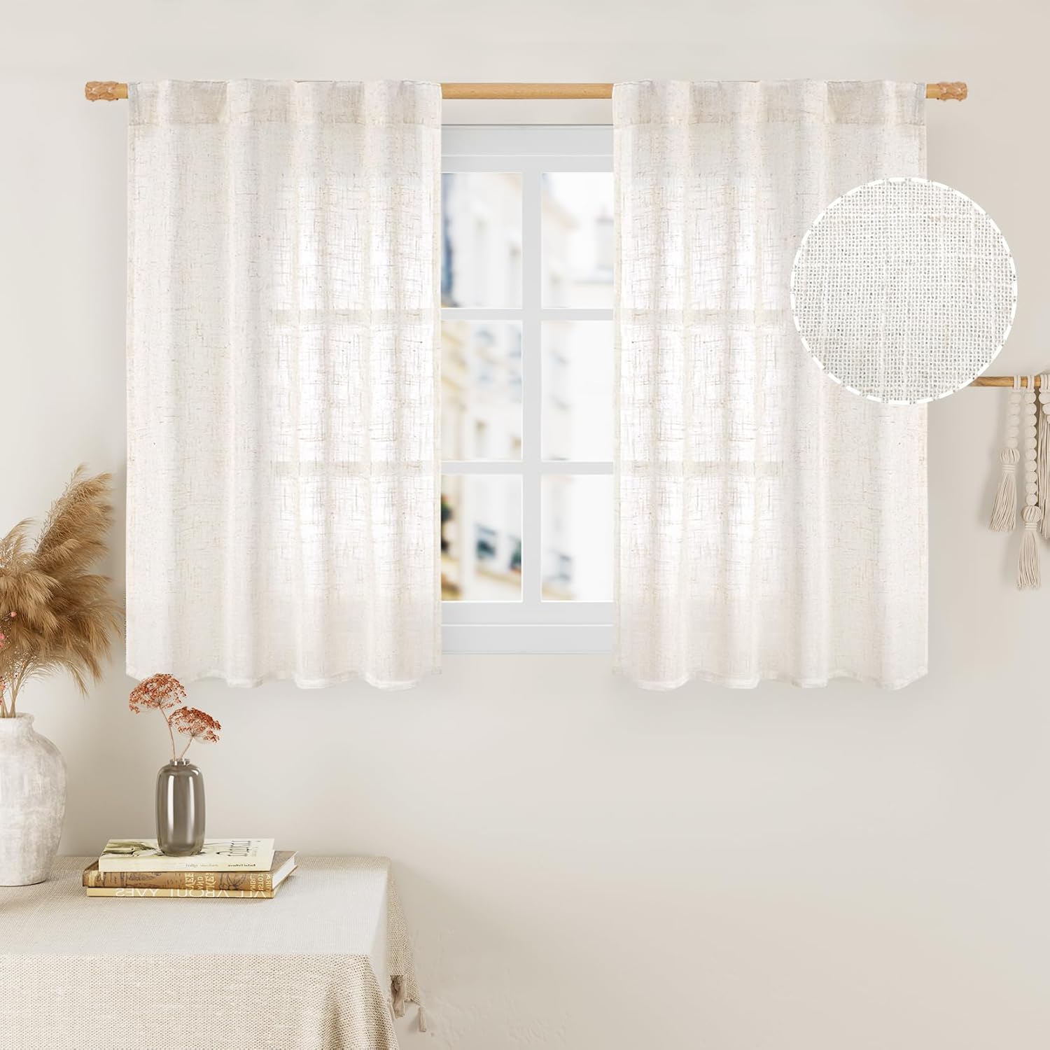 LAMIT Ivory White Linen Curtains 40 Inch for Small Window, Light Filtering Neutral Semi Sheer Window Boho Curtains Back Tab and Rod Pocket Panels for Kitchen/Living Room, 2 Panels, 34 x 40 Inch 34"W x 40"L (Pack of 2) Ivory White