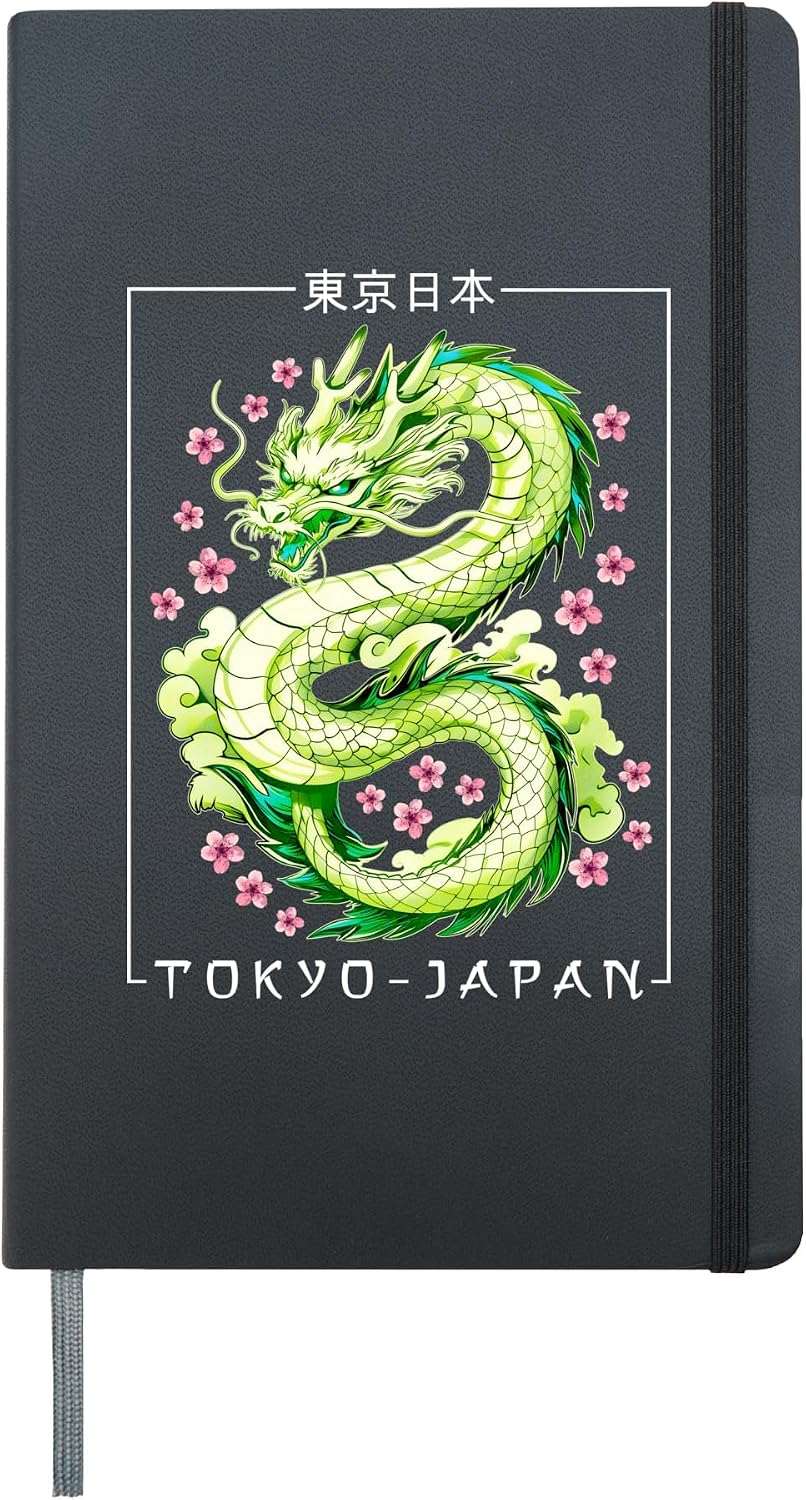 Japanese Dragon Tokyo Japan 80's Asian Mythical Anime Tattoo Hardcover Journal, Black