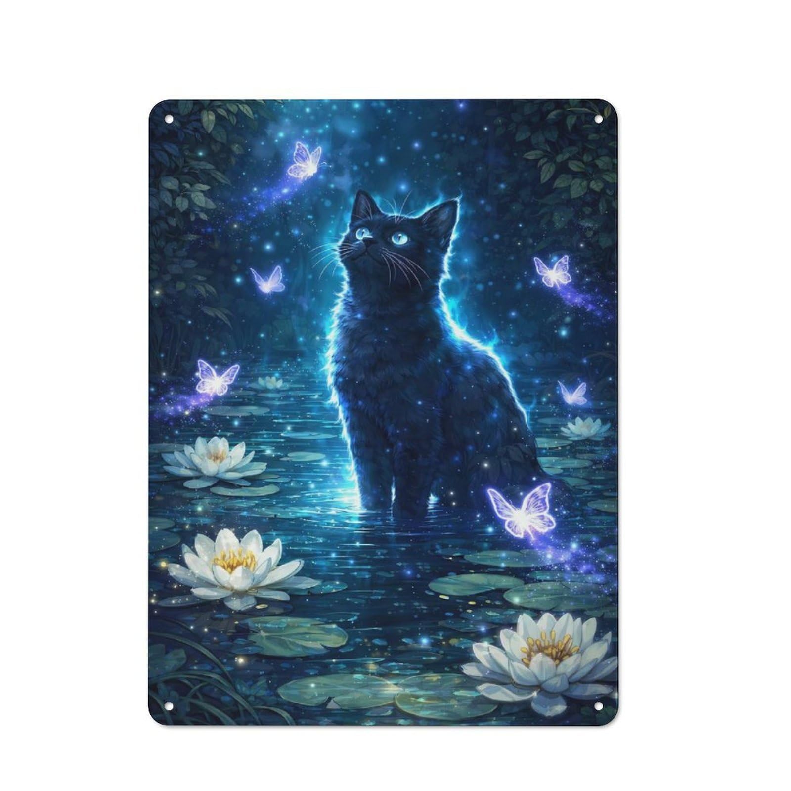 Junmoney Style-12 For Lounge Or Reading Corner, Magical Black Cat In A Lotus Pond Vintage Metal Sign 40X30cm, For Collectors Decorating Lounges And Reading Corners