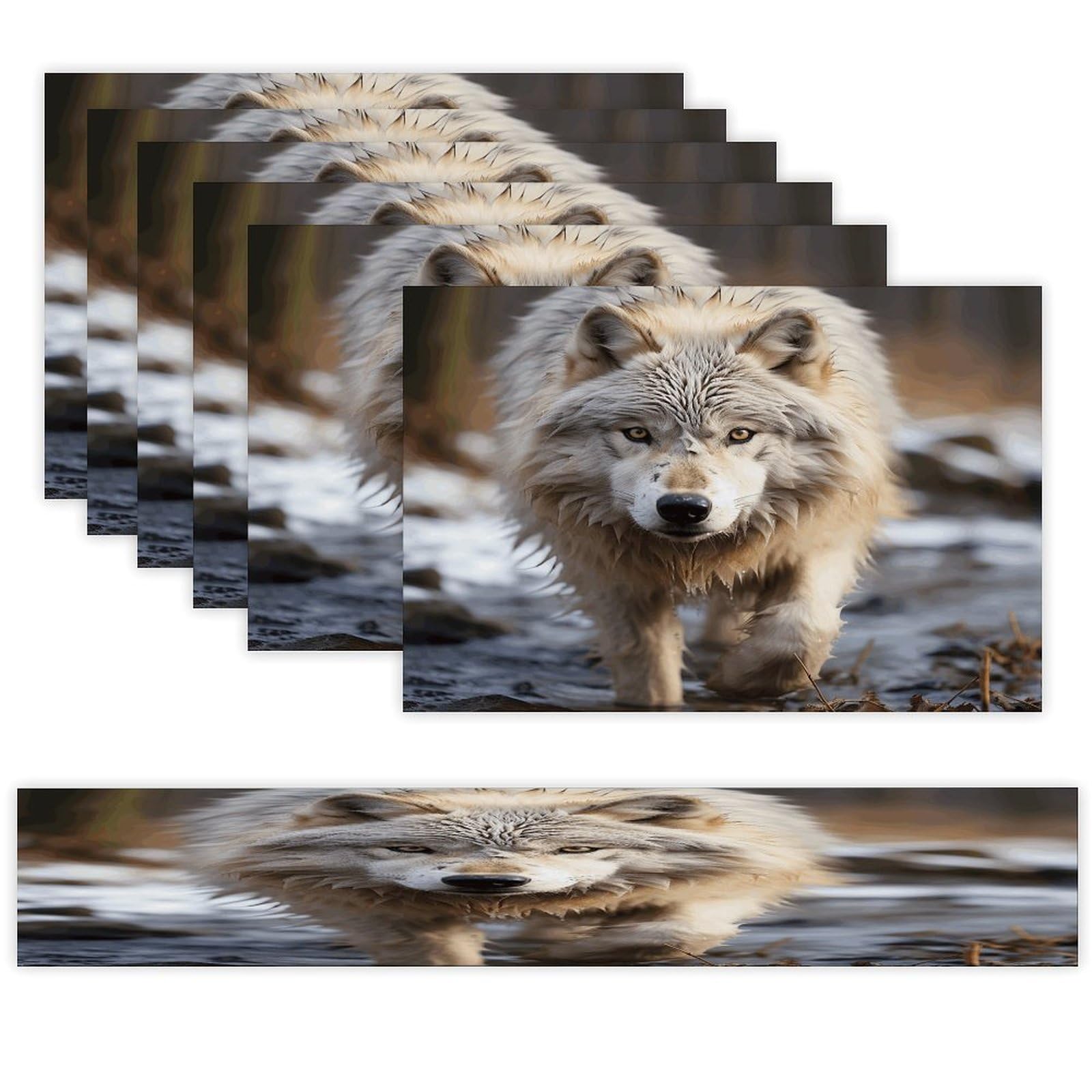 Walking Wolf Table Runner and Placemats of 6 Washable Heat Resistant Place Mats with Table Runner Vintage Holiday Table Mat Set for Holiday Party Kitchen Dining Deco