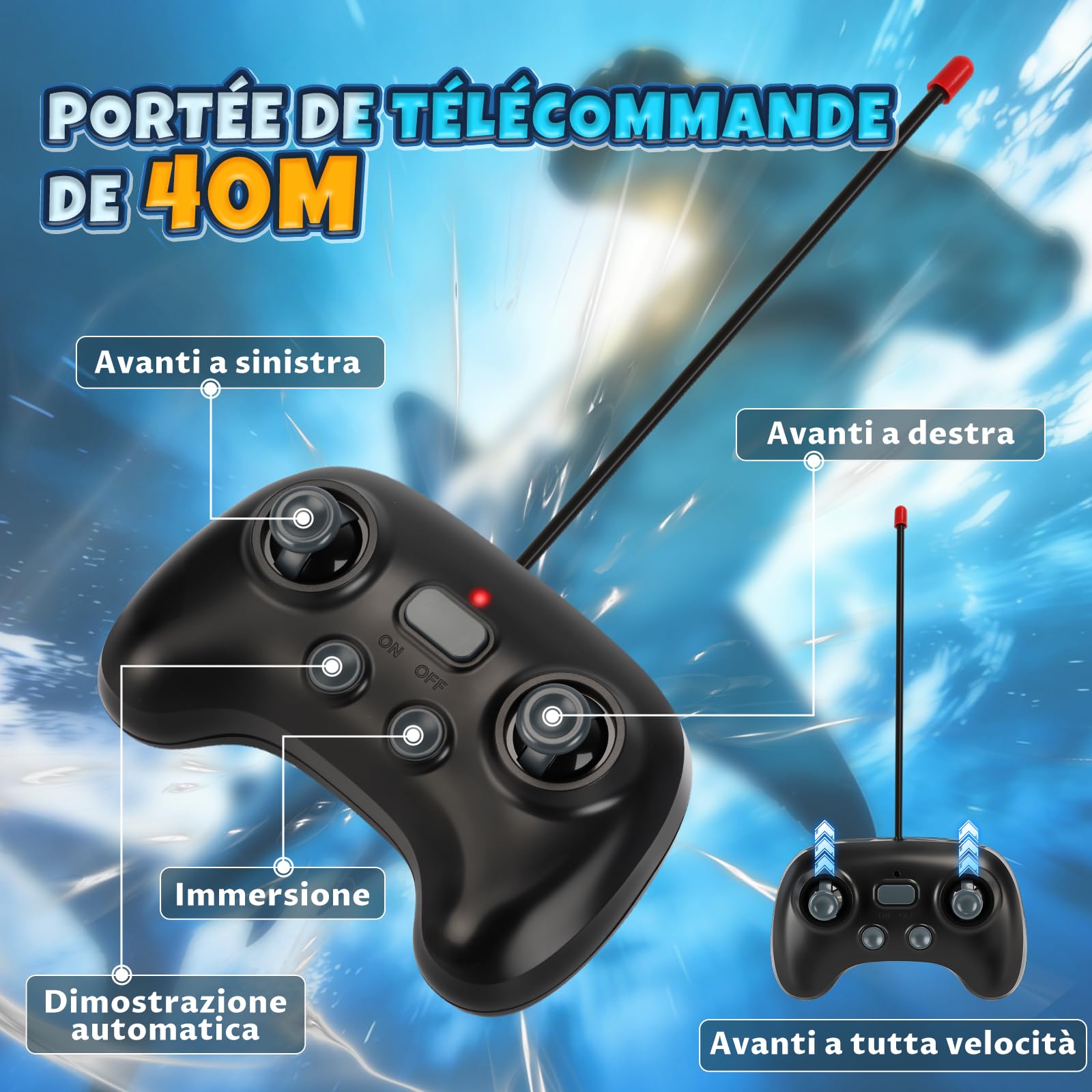 Requin Télécommandé avec Fonction de Plongée, 2.4 GHz RC Requin avec Lumières LED, Jouet Requin sous-Marin pour Piscine et Baignoire, Cadeau pour Enfants 6+ Ans Garçon Fille (Bleu)