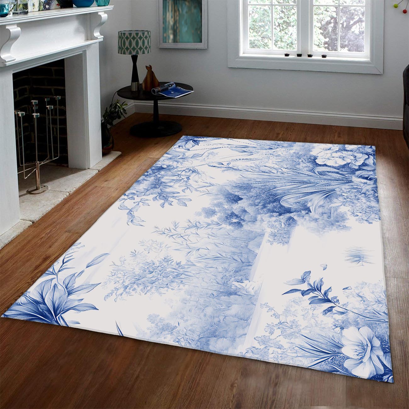 Tapis en porcelaine bleu et blanc à poil bas lavable anti-taches