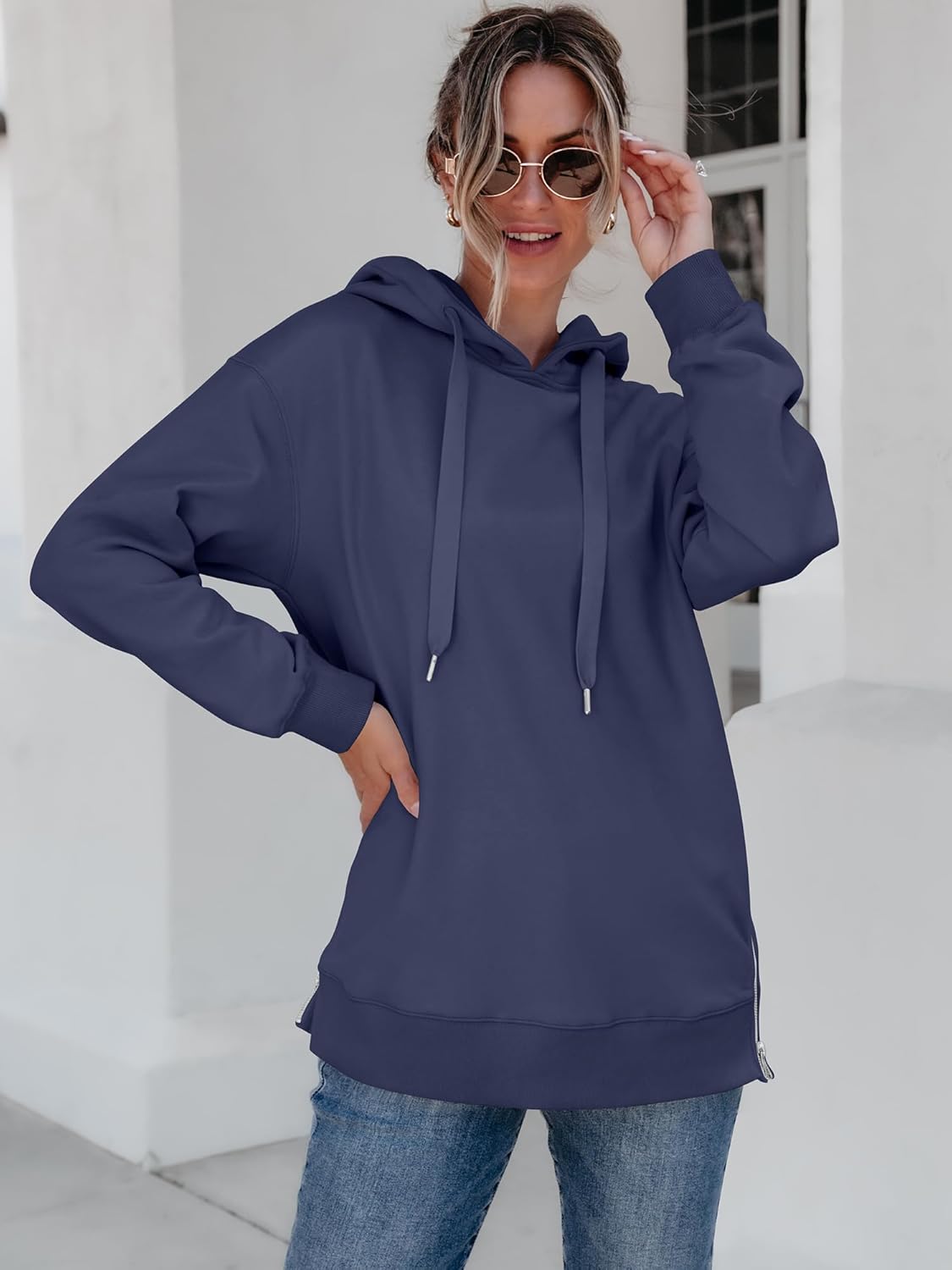 ANRABESS Women Oversized Hoodies Side Zipper Fleece Long Sweatshirts Lightweight Tunic Pullover 2025 Fall Trendy Clothes - Image 2
