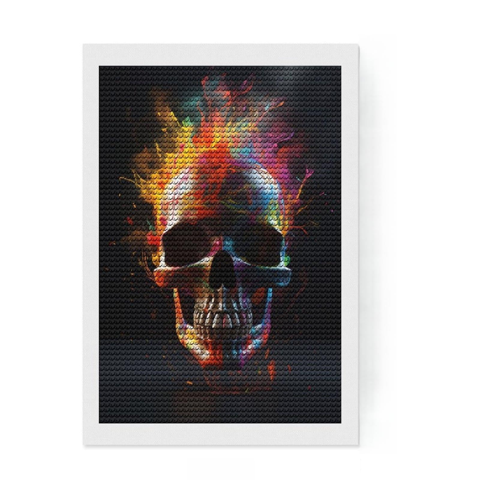 Junmoney Colorful Neon Skull Diamond Art Canvas 8"x12", Sparkling Round Gems, Neat Printed Canvas, with Tool Kit, Office Decor, Printed Canvas