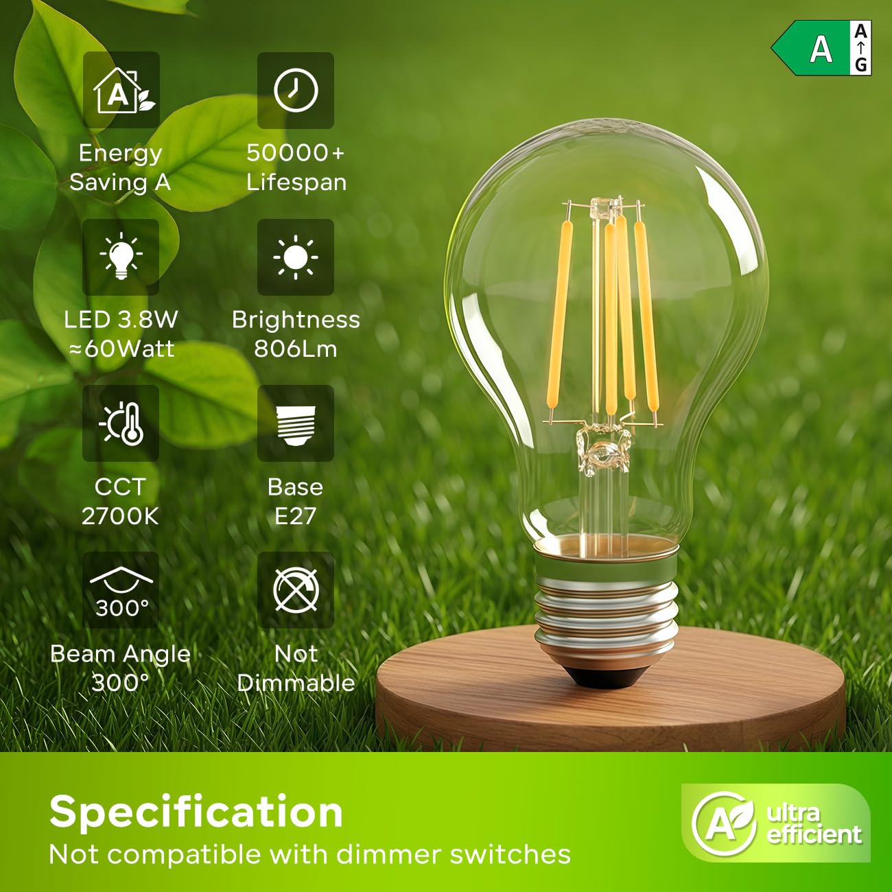LVWIT Lampadine LED E27, Lampadine Filamento Classe A Ultra Efficiente, Luce Calda 2700k, 3.8W Equivalenti a 60W, 806LM, Forma a A60 Vintage, 93% Risparmio Energetico, Non Dimmerabile, 6 Pezzi